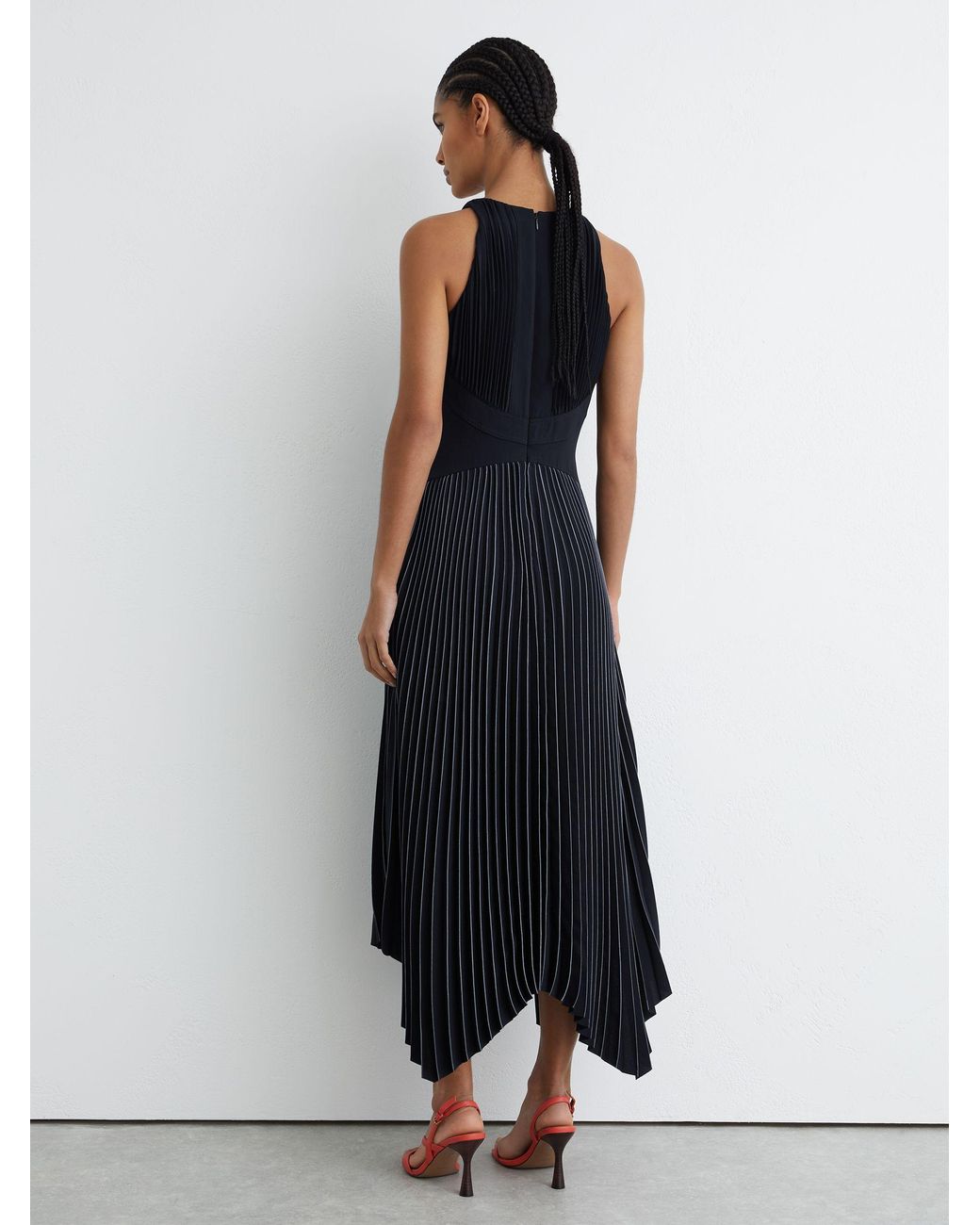 Reiss Black Pleated Sleeveless Midi Dress