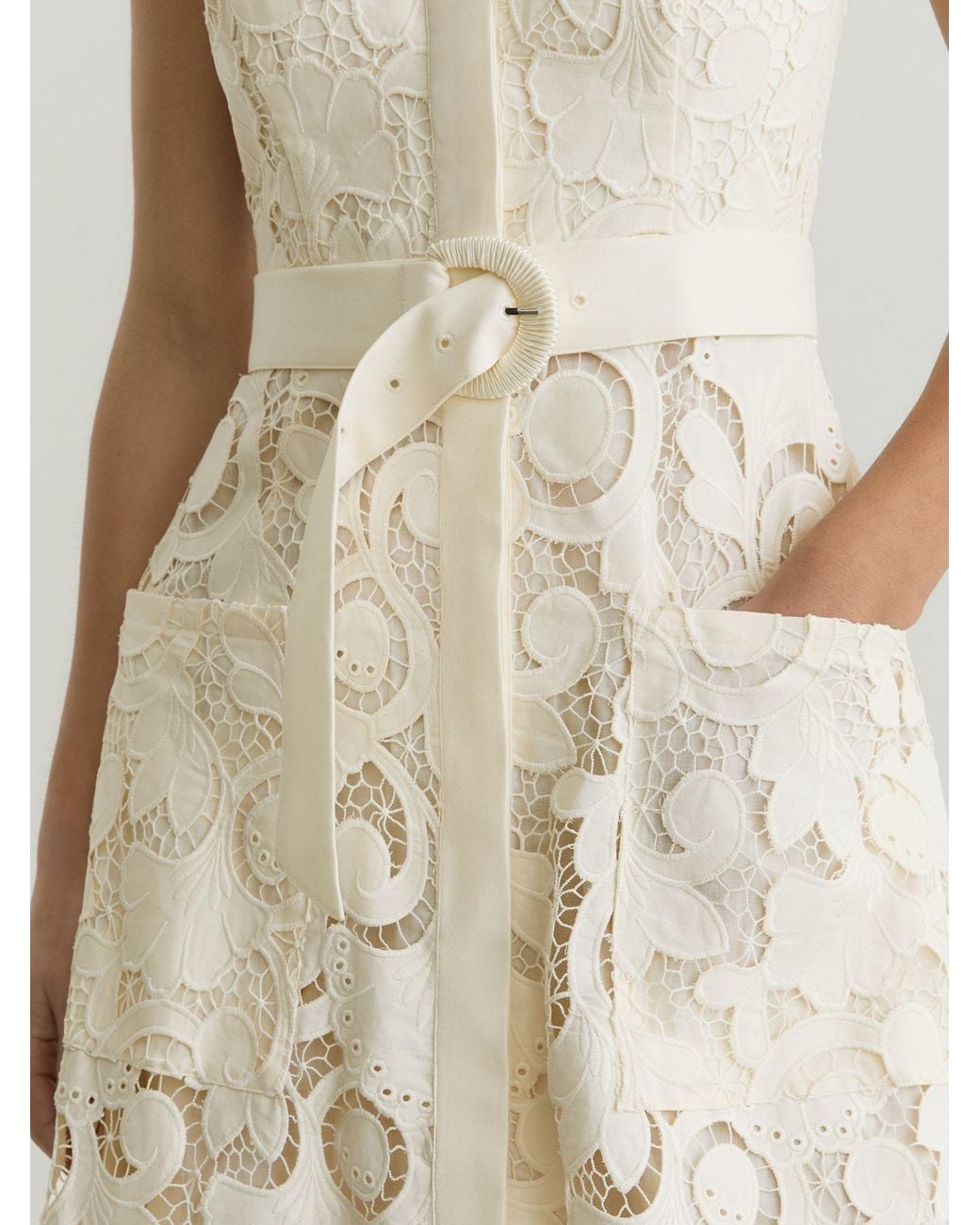 Reiss Natural Kerina - Cream Cotton-blend Lace Button-front Midi Dress, Us 0