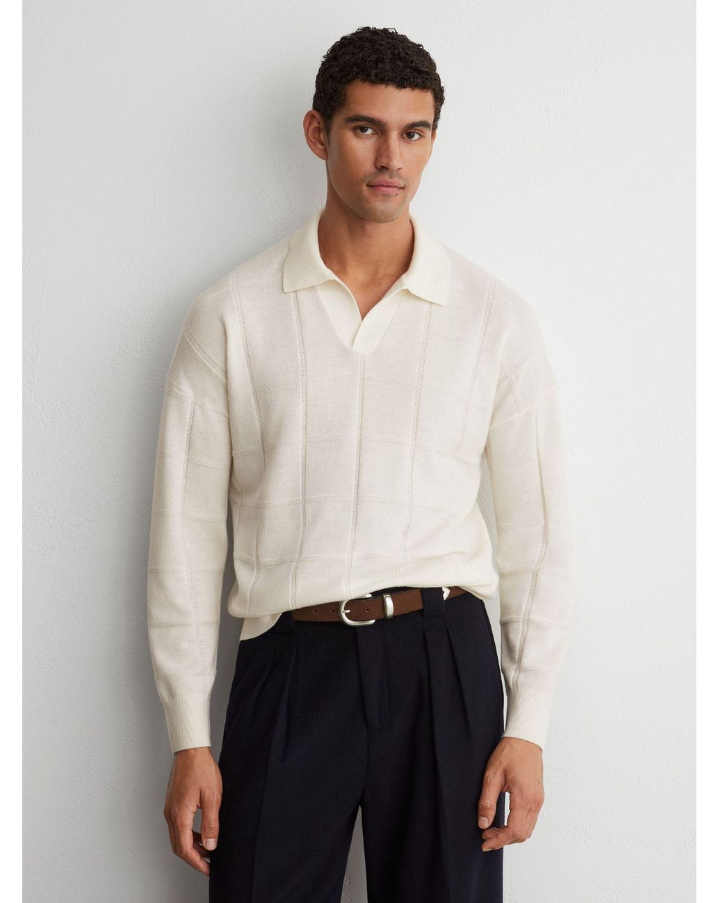 Reiss Compton - White Wool Square-textured Open-collar Polo Jumper, S for men