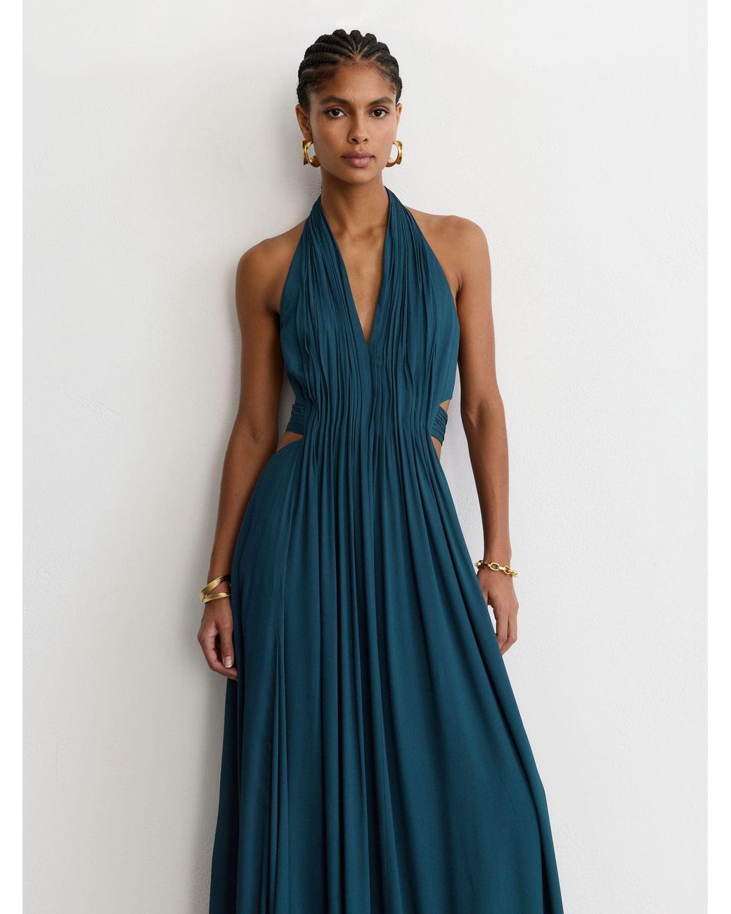 Reiss Blue Cara Petite Halterneck Pleated Maxi Dress