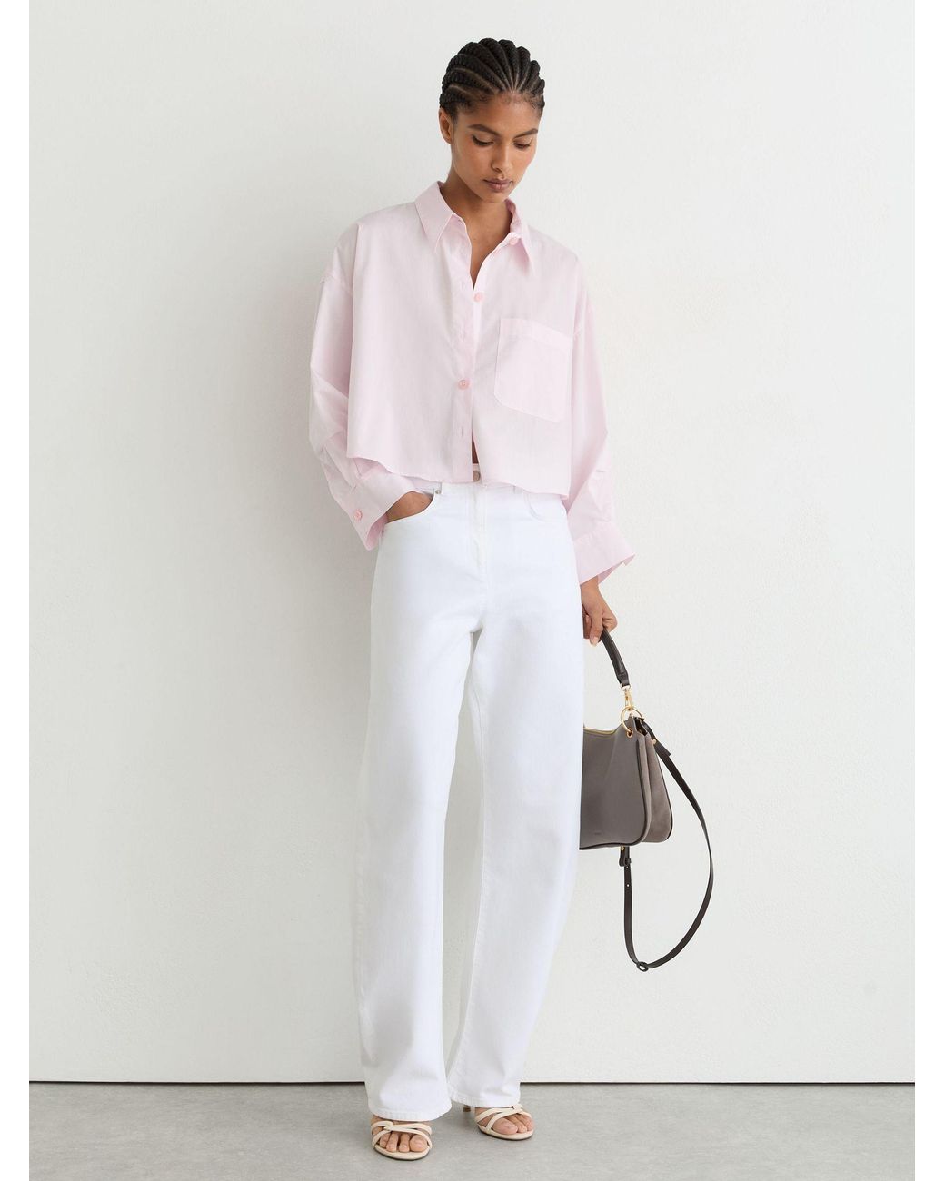 Reiss White Cotton Cropped Long-Sleeve Shirt