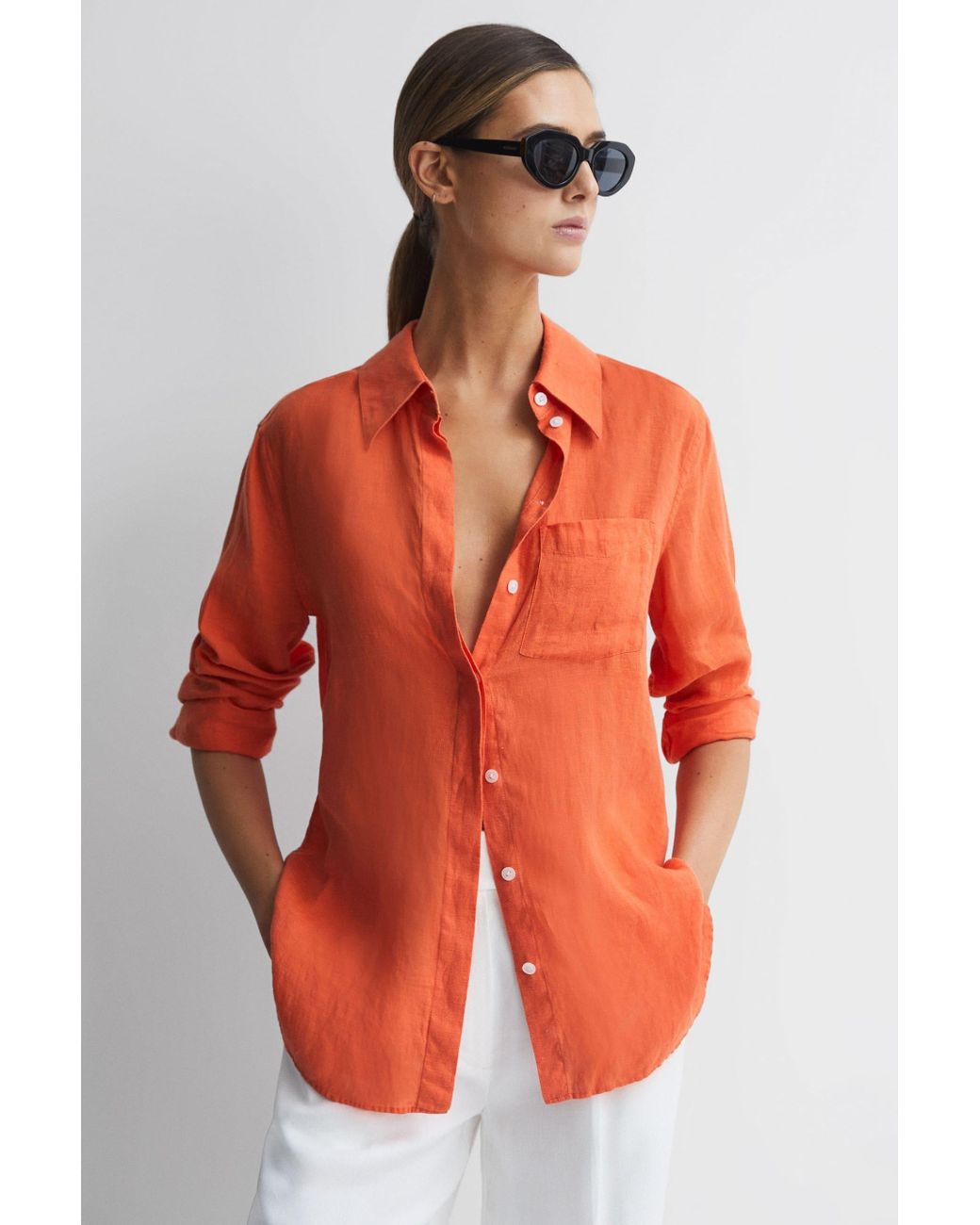 Reiss Campbell - Orange Linen Long Sleeve Shirt | Lyst UK