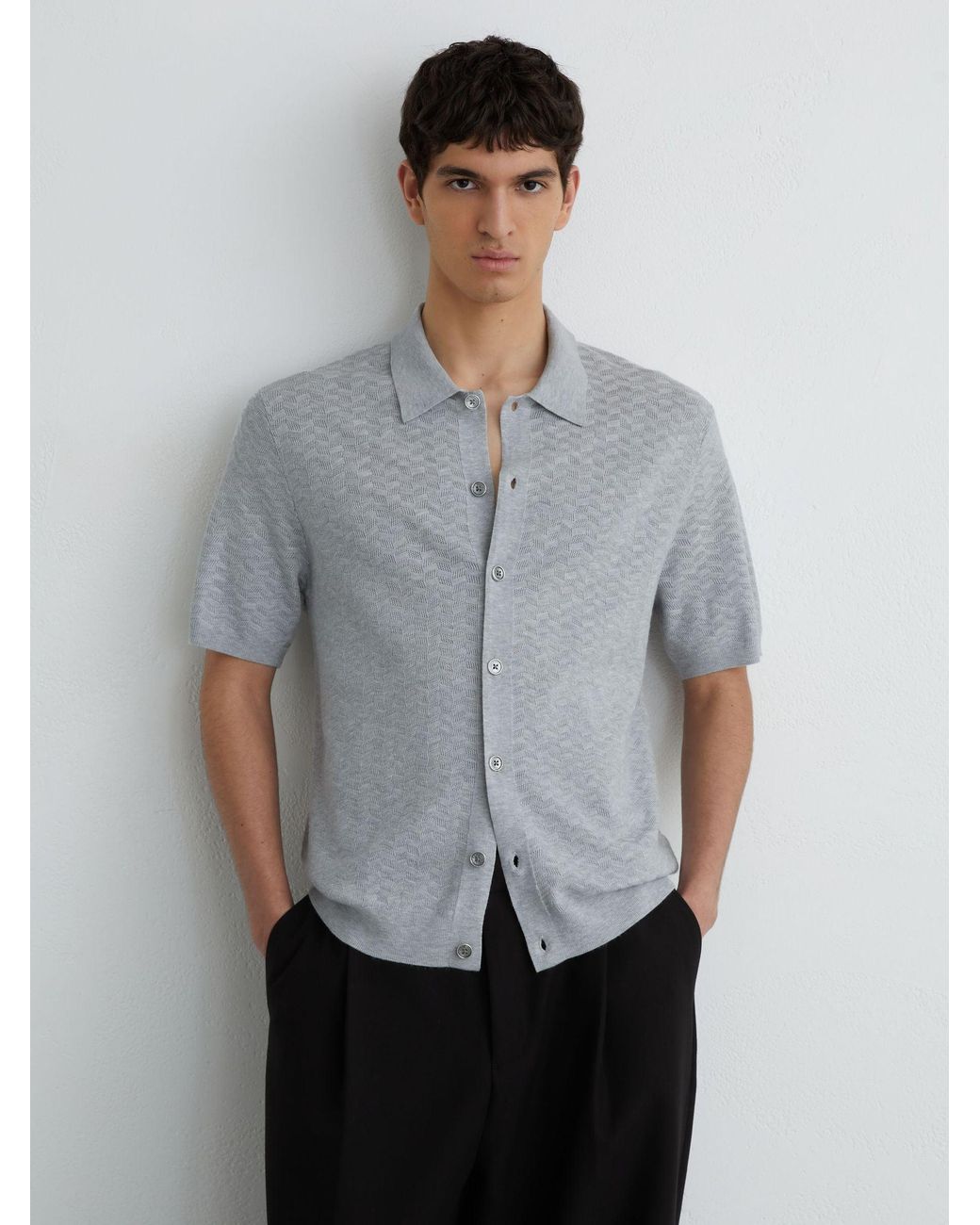 Reiss Gray Textured-Knit Button-Through Shirt for men