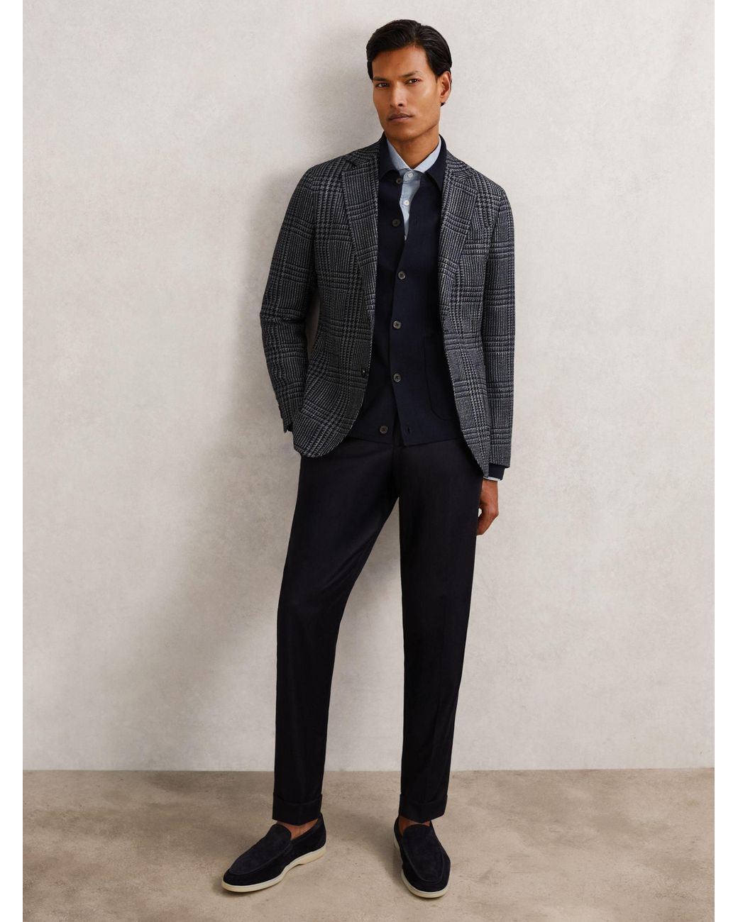 Reiss Blue Wool-Blend Check Single-Breasted Blazer Tailored-Fit for men