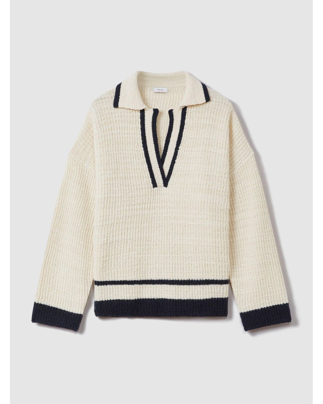 Reiss Blue Michaela Open Collar Jumper Textured, Cream