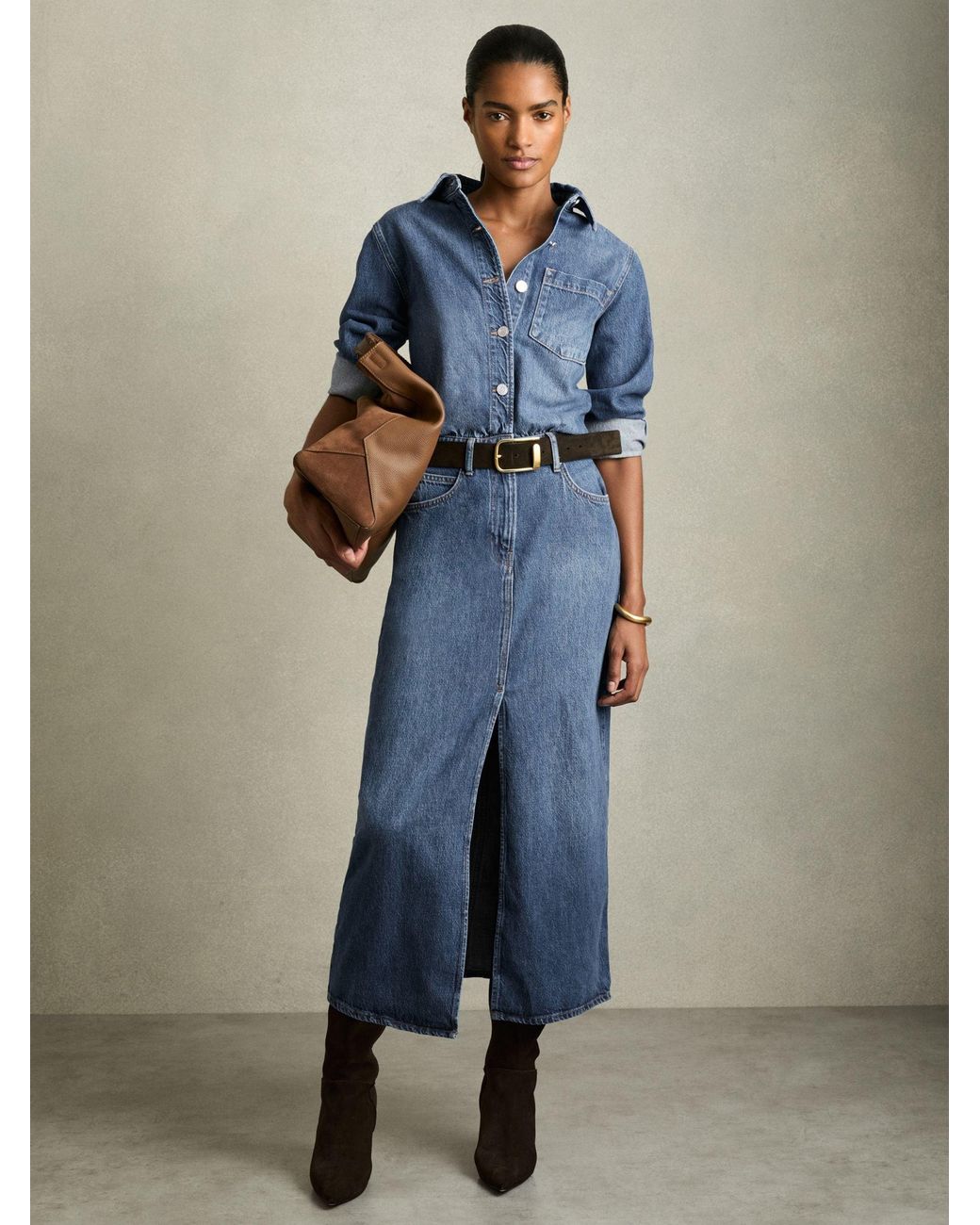 Reiss Blue Terra - Indigo Petite Denim Button-through Midi Dress, Us 12