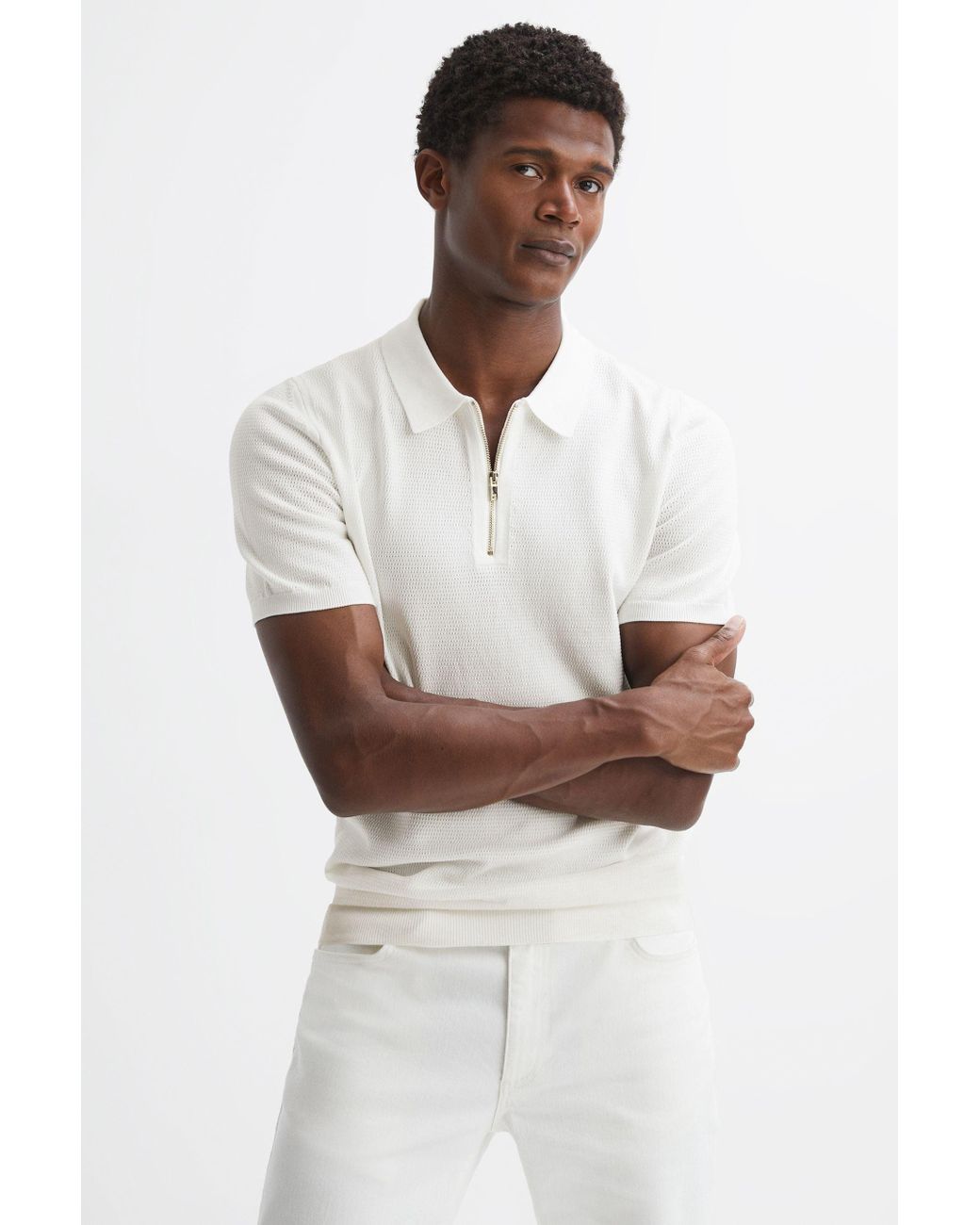 Reiss Fizz - White Knitted Half-zip Polo T-shirt for Men | Lyst