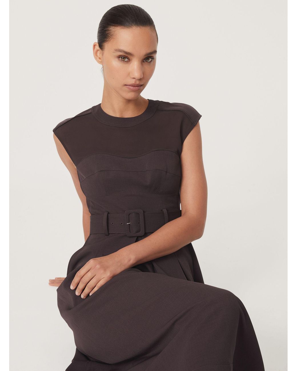 Reiss White Mesh-Panel Belted Pleated Midi Dress