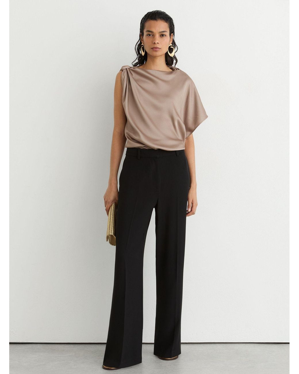 Reiss Brown Satin Draped One-Shoulder Top