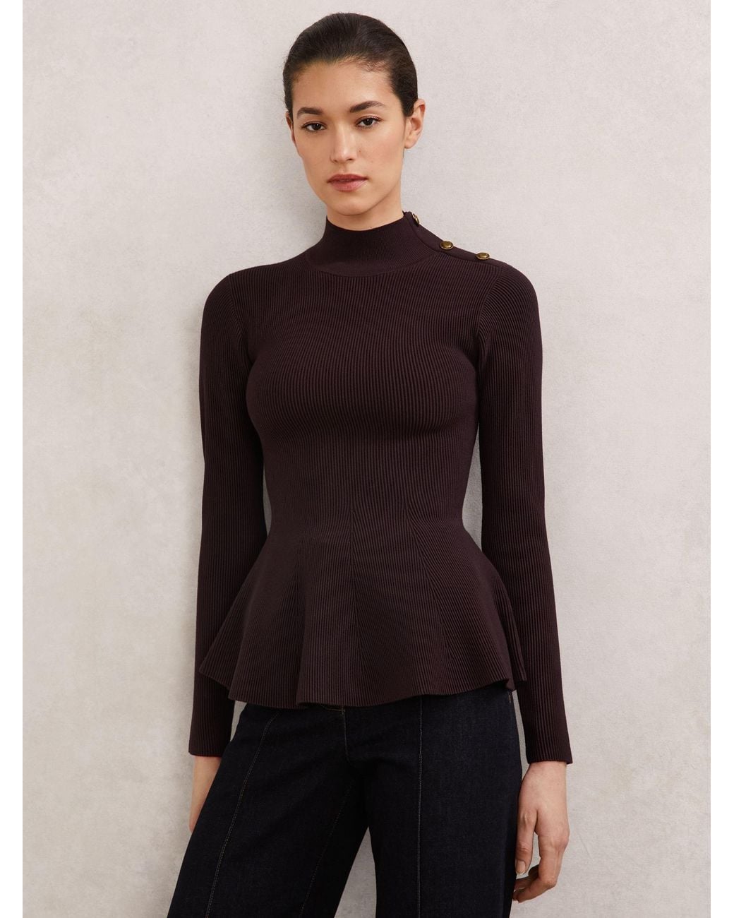 Reiss Blue Rib-Knit High-Neck Peplum Top