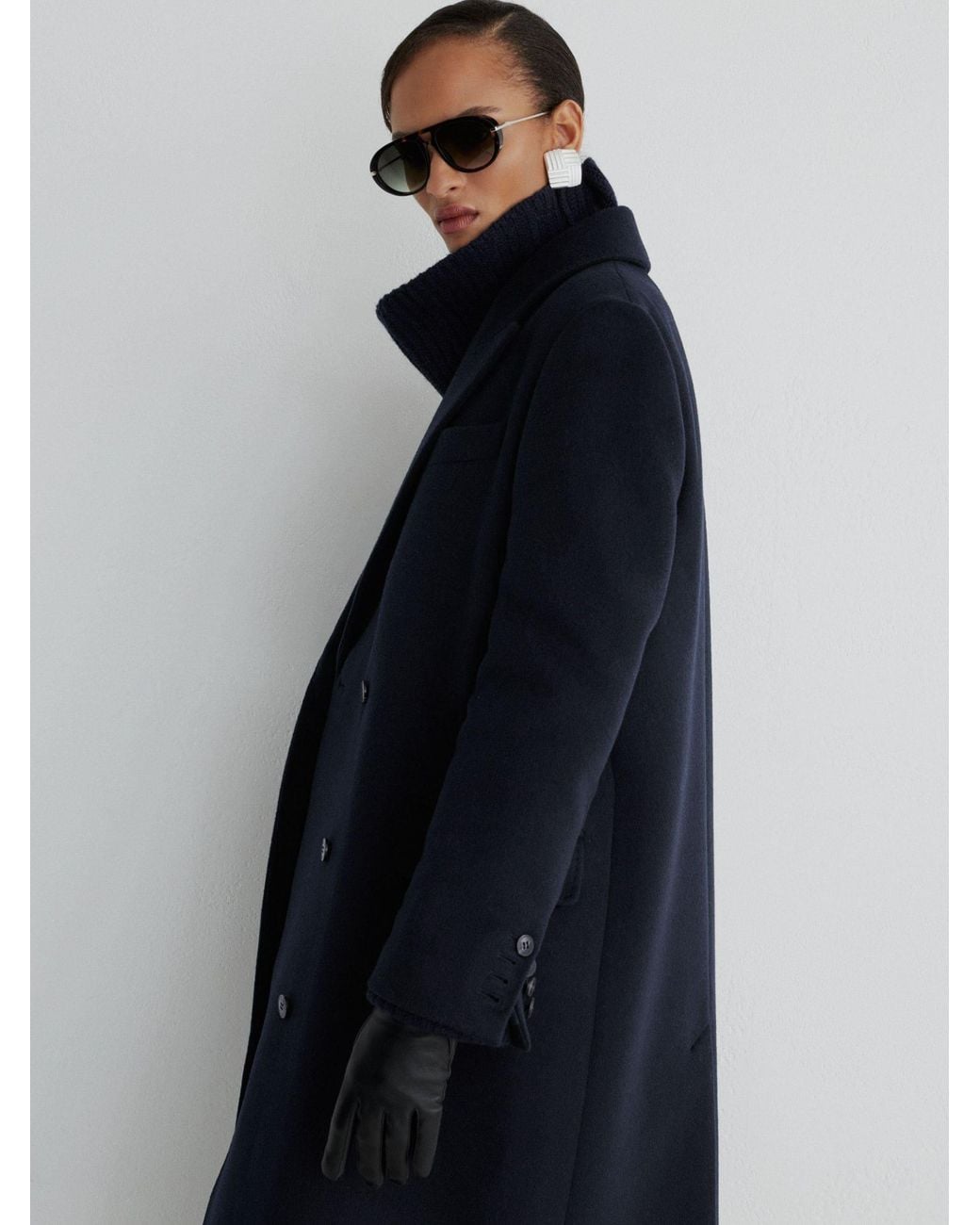 ATELIER Blue Wool-Blend Double-Breasted Long Coat
