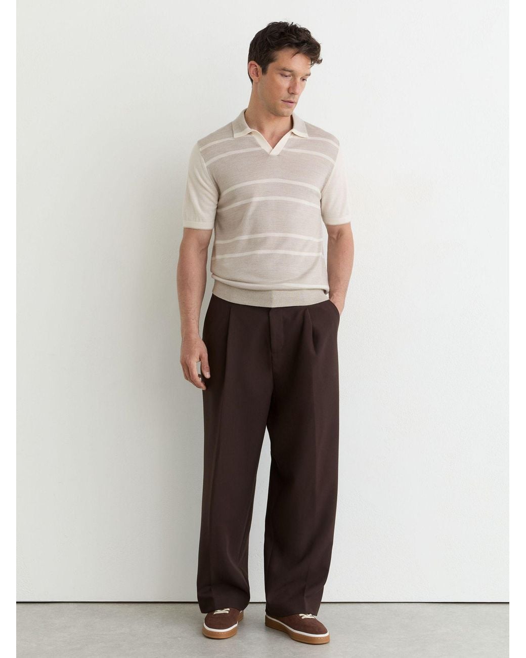 Reiss White Oatmeal & Merino Wool Striped-Knit Polo Jumper for men