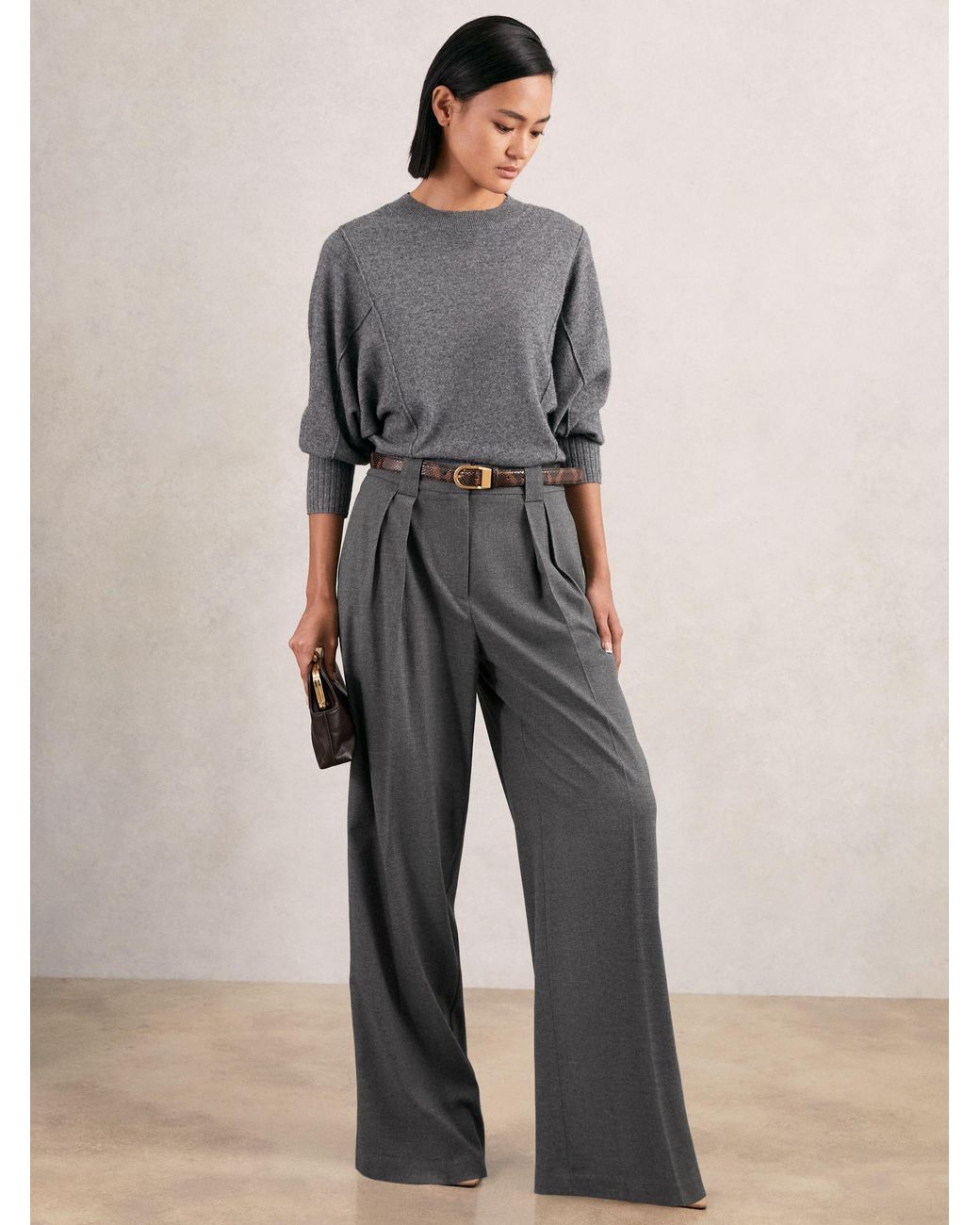 Reiss Gray Poppie - Grey Wide-leg Pleated Trousers, Us 10 Regular
