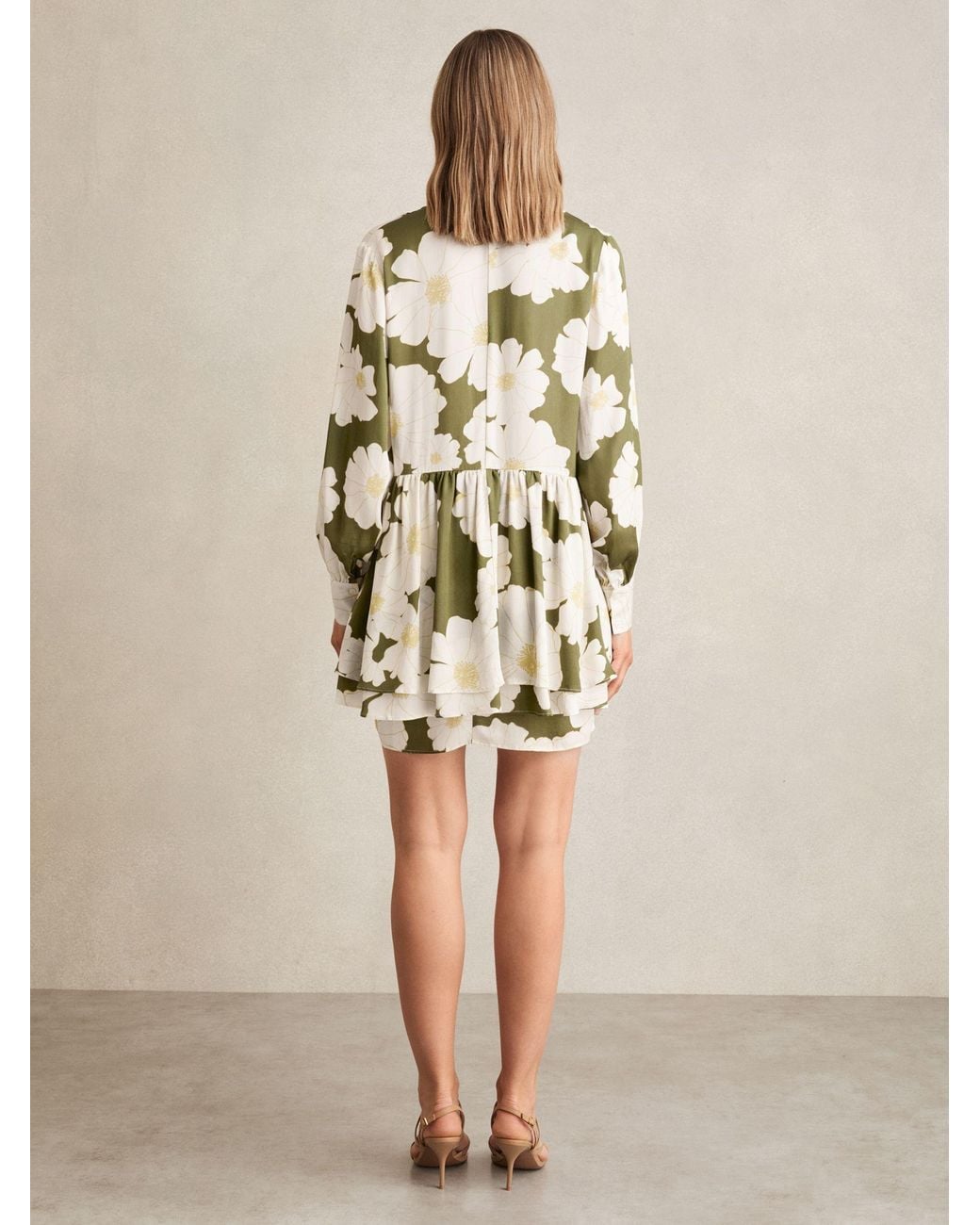 Reiss Natural Floral Tie-Neck Swing Dress