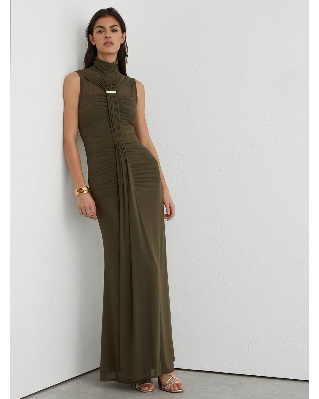 Reiss Green Petite Ruched Sleeveless Maxi Dress