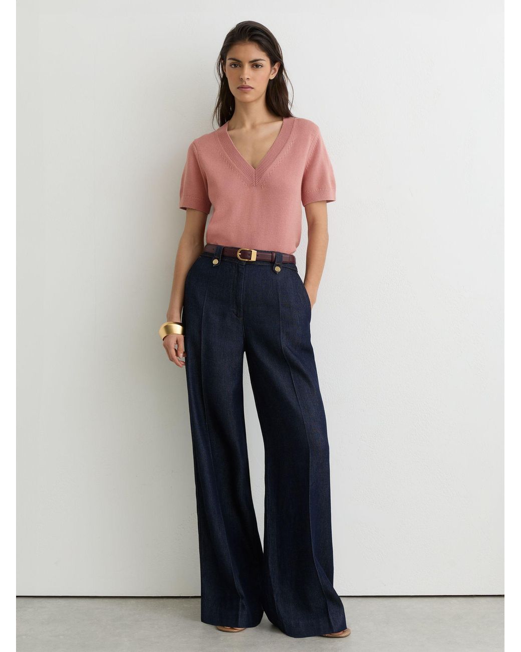 Reiss Blue Cotton-Wool Knit V-Neck Top