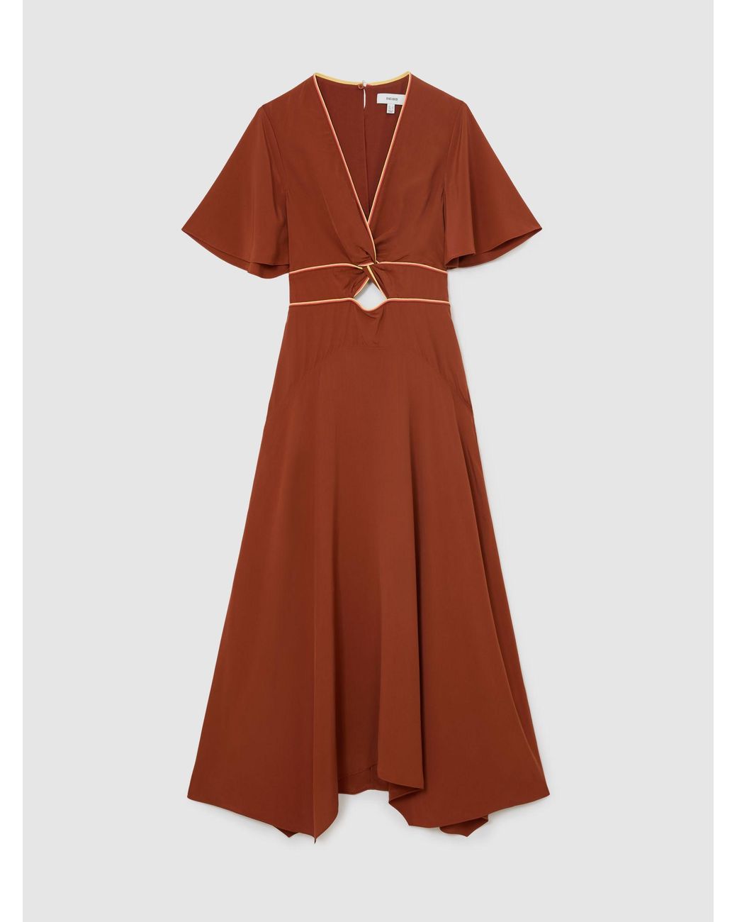Reiss Brown Piped-Trim Cut-Out Midi Dress