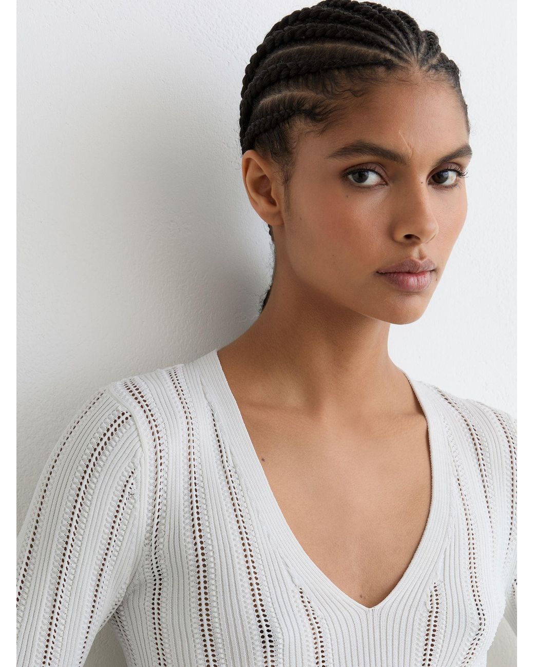 Reiss Loui - White Open-stitch V-neck Jumper, Xs (us 2)