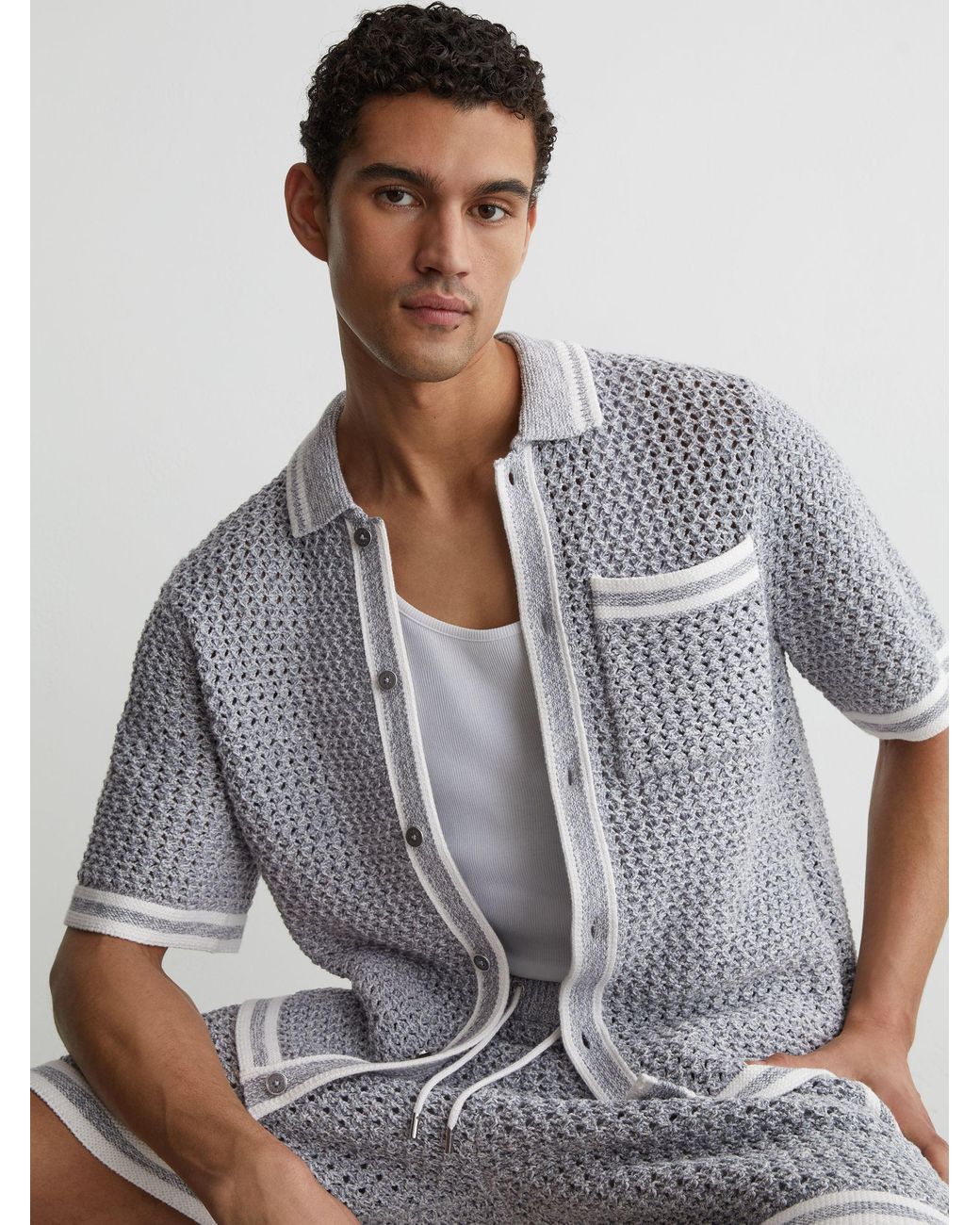 Reiss Gray Cotton Crochet Button-Through Shirt for men