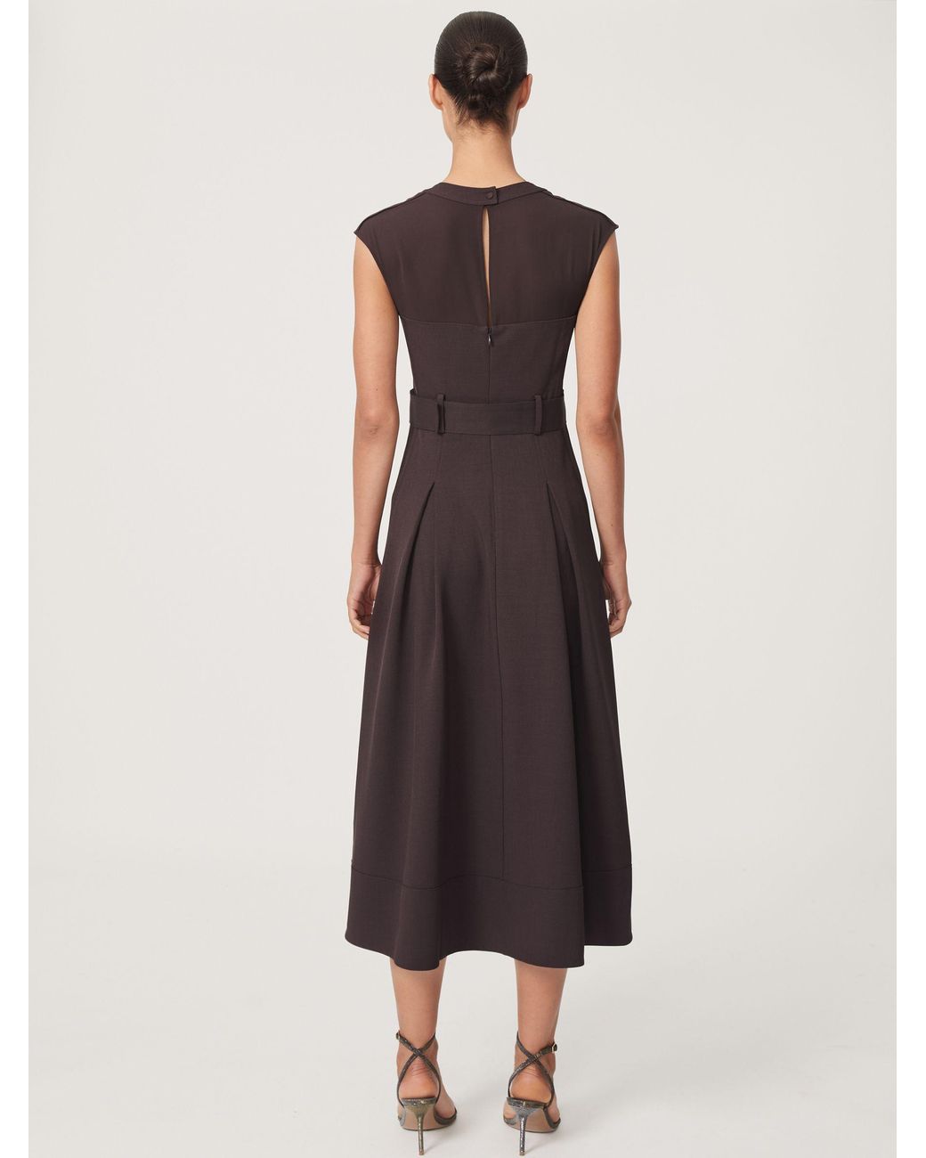 Reiss White Mesh-Panel Belted Pleated Midi Dress