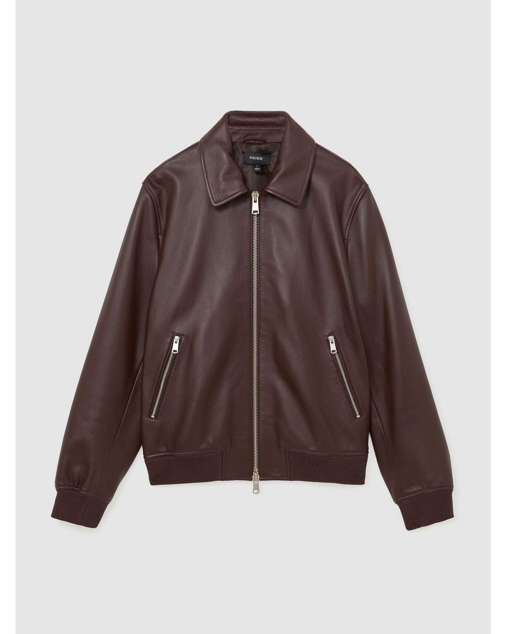 Reiss Brown Leather Zip-Through Collared Bomber Jacket for men