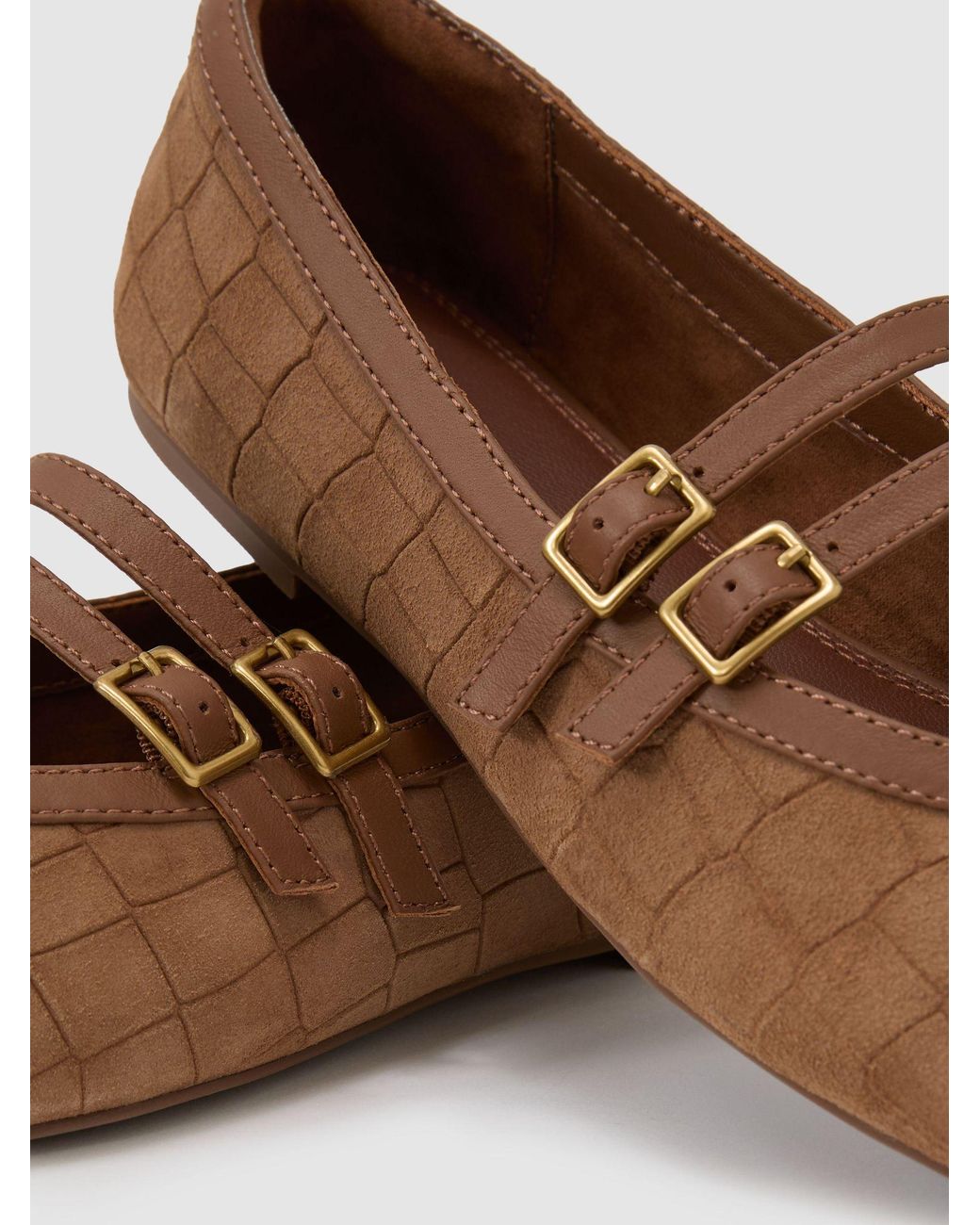 Reiss Brown Suede Croc-Embossed Ballet Flats