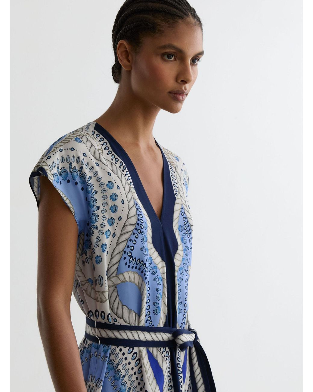 Reiss Heidi - Ivory/blue Scarf-print Belted Midi Dress, Us 14