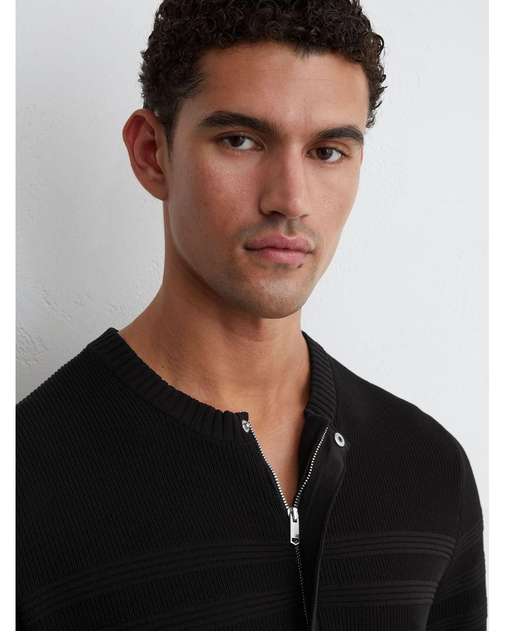 Reiss Brockwell - Black Cotton-blend Textured Henley Top, Xs for men