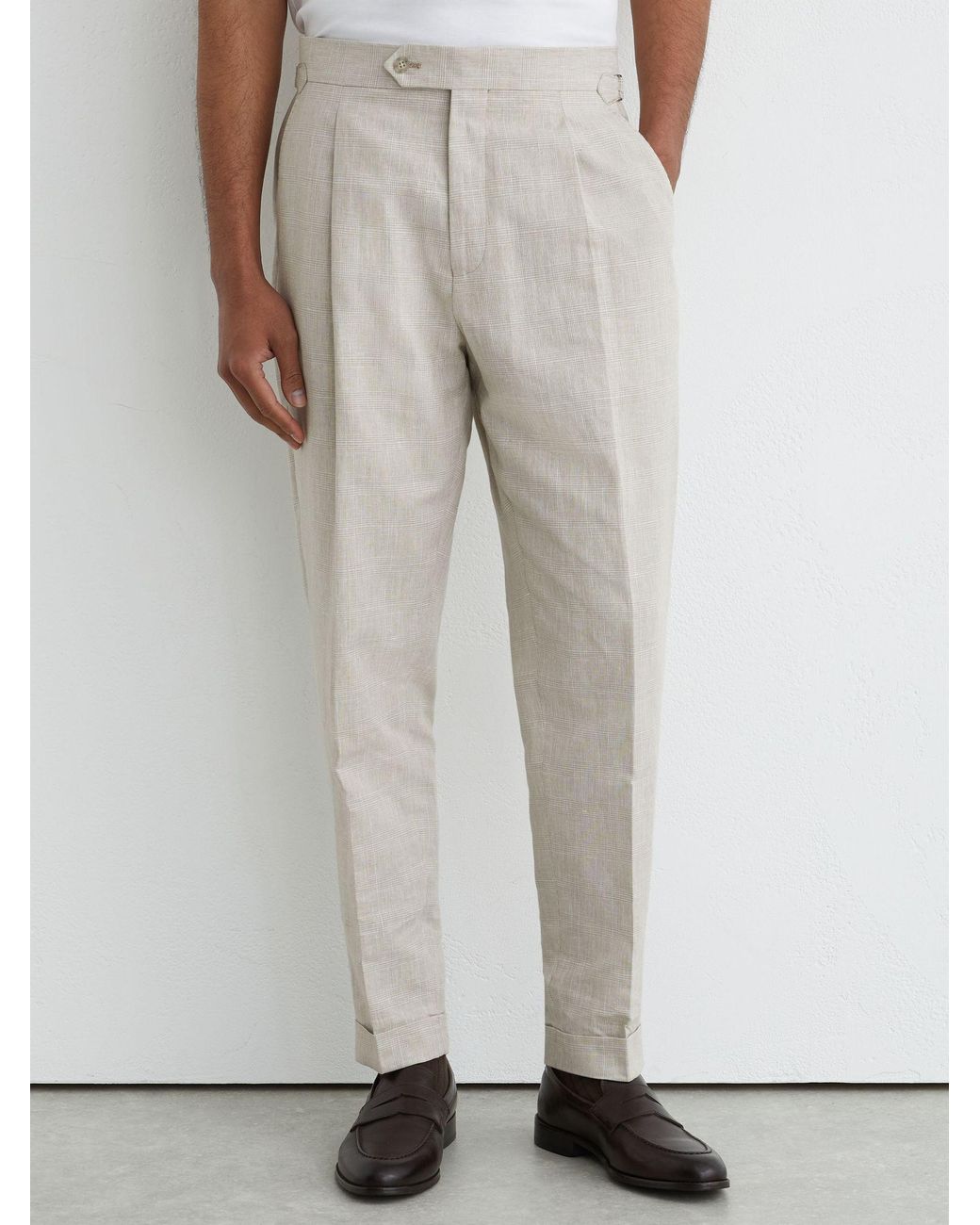 Reiss White Linen-Cotton Check Tapered Trousers for men
