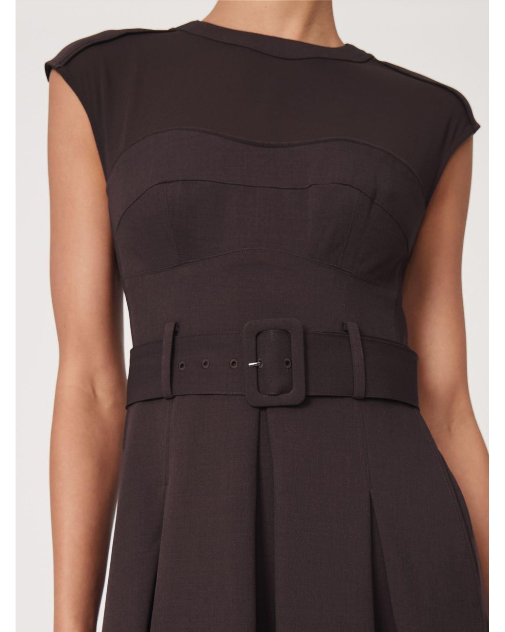 Reiss White Mesh-Panel Belted Pleated Midi Dress