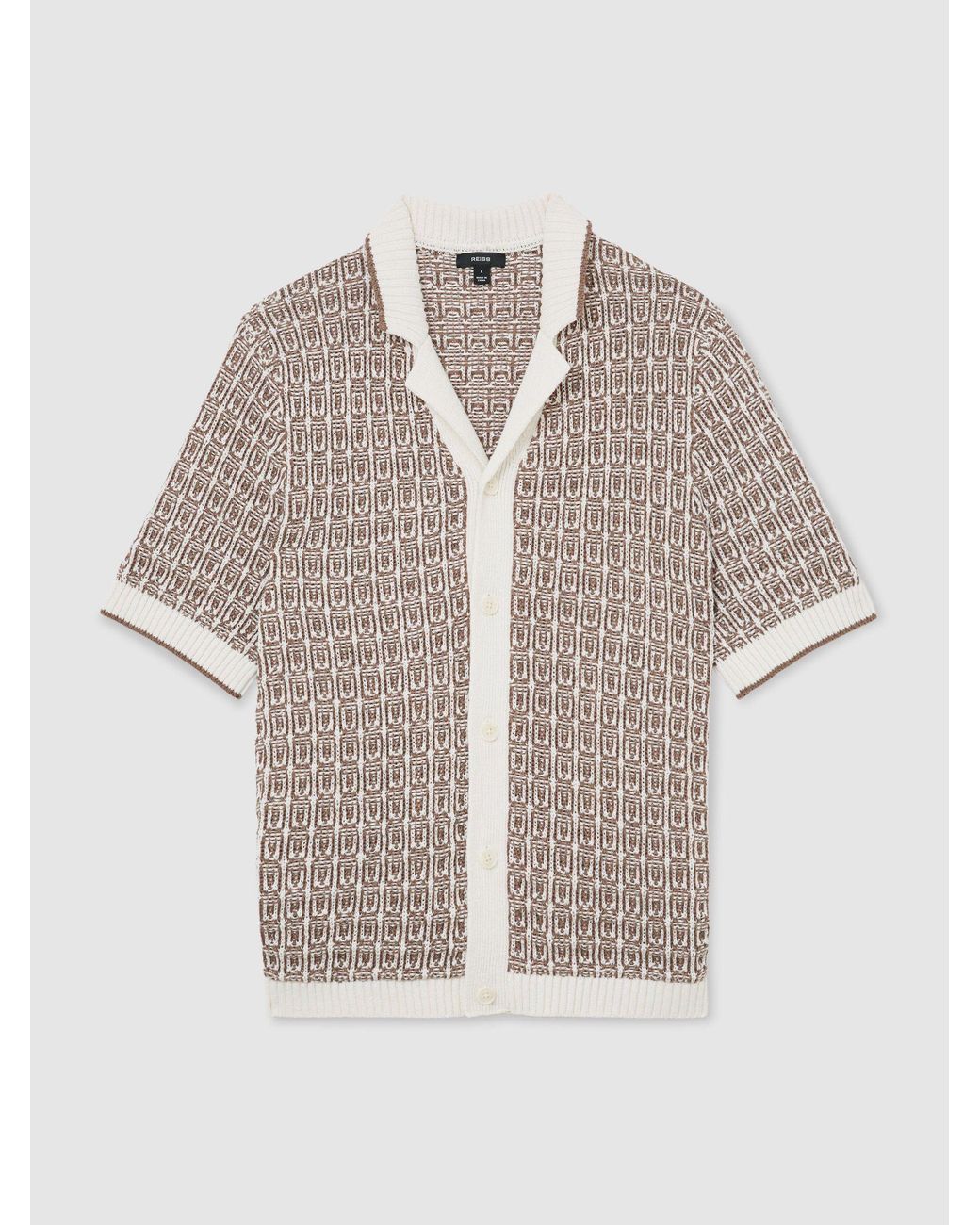 Reiss White Tobacco & Ecru Cotton-Blend Geometric-Knit Shirt for men