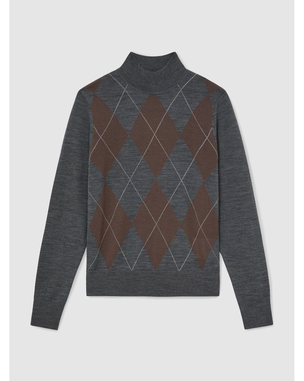 Reiss Gray Ultra-Soft Merino Wool Argyle Funnel-Neck Jumper