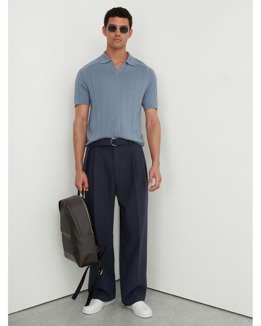 Reiss Blue Merino Wool Wide-Rib Polo Jumper for men
