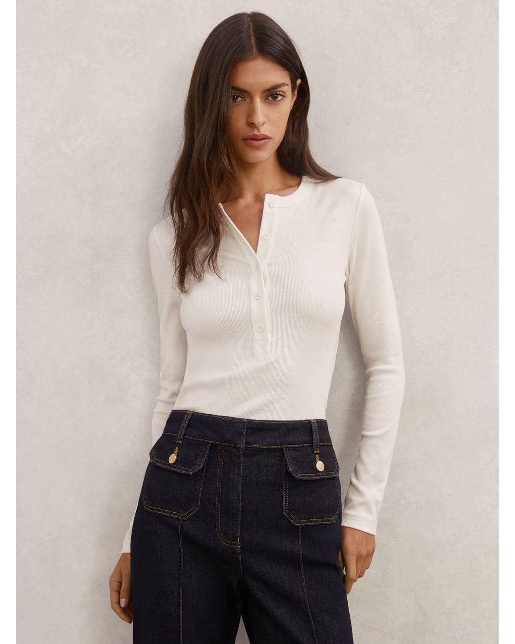 Reiss White Stretch-Cotton Half-Button Top