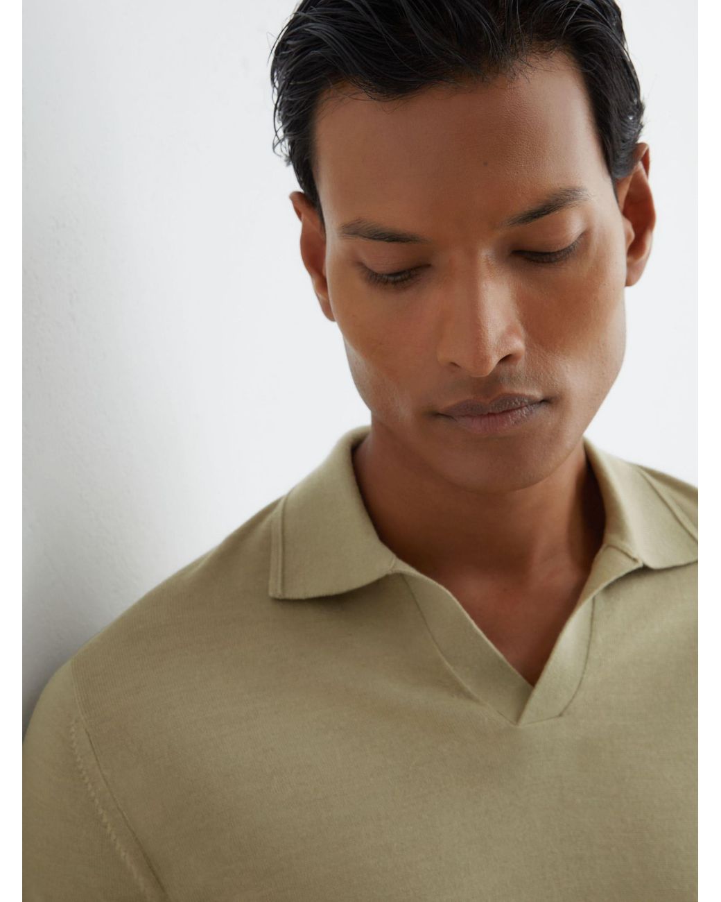 Reiss Green Merino Wool Open-Collar Polo Shirt for men