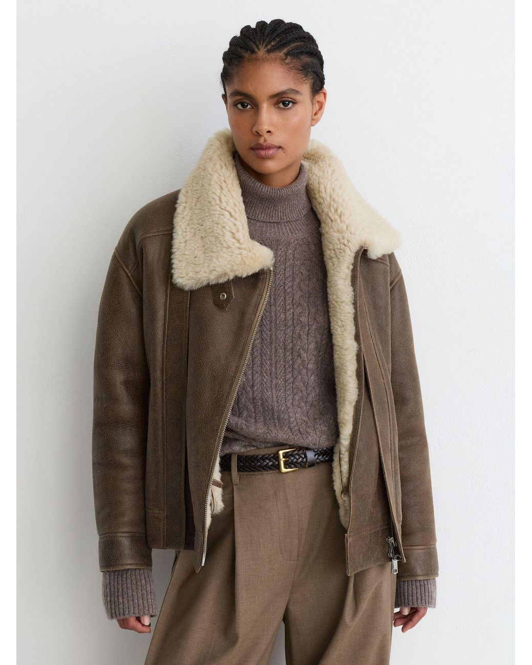 Reiss Brown Shearling Aviator Jacket