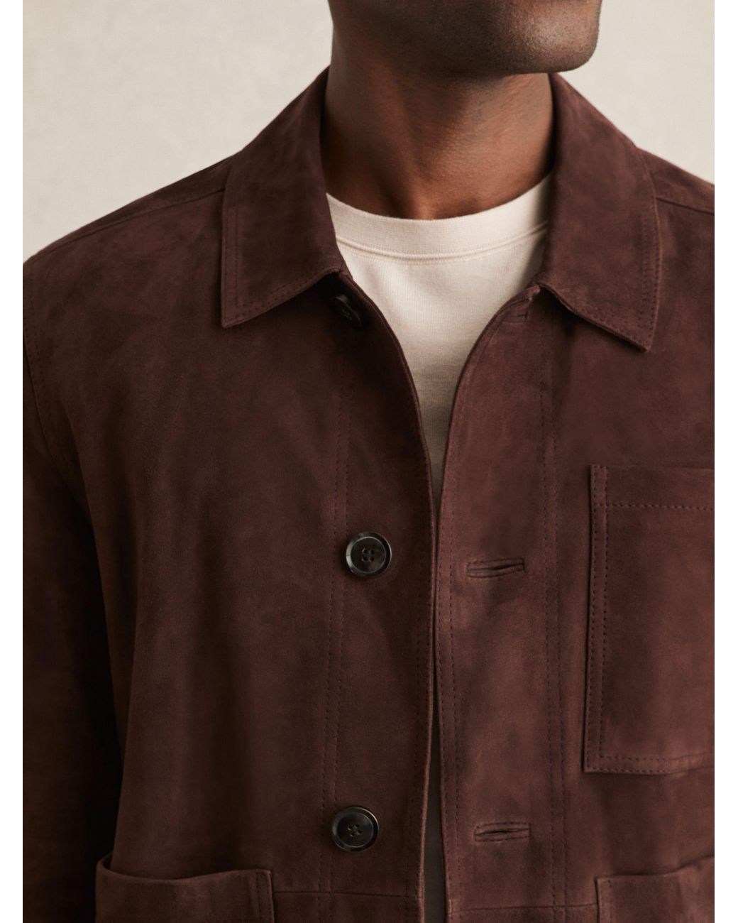 Reiss Brown Suede Button-Through Trucker Jacket for men