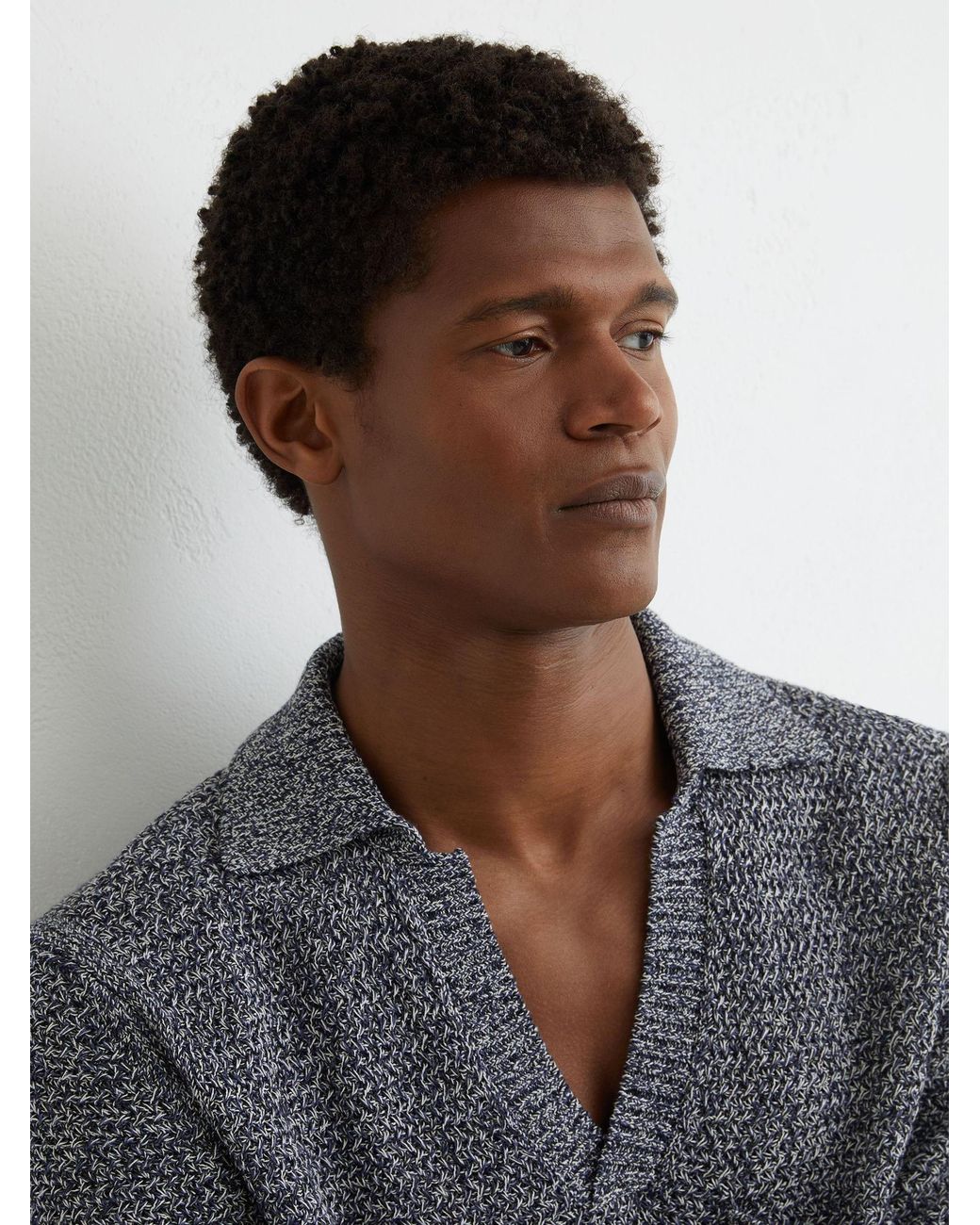 Reiss Owen - Indigo Blue Speckle-knit Open-collar Polo Jumper, Xxl for men
