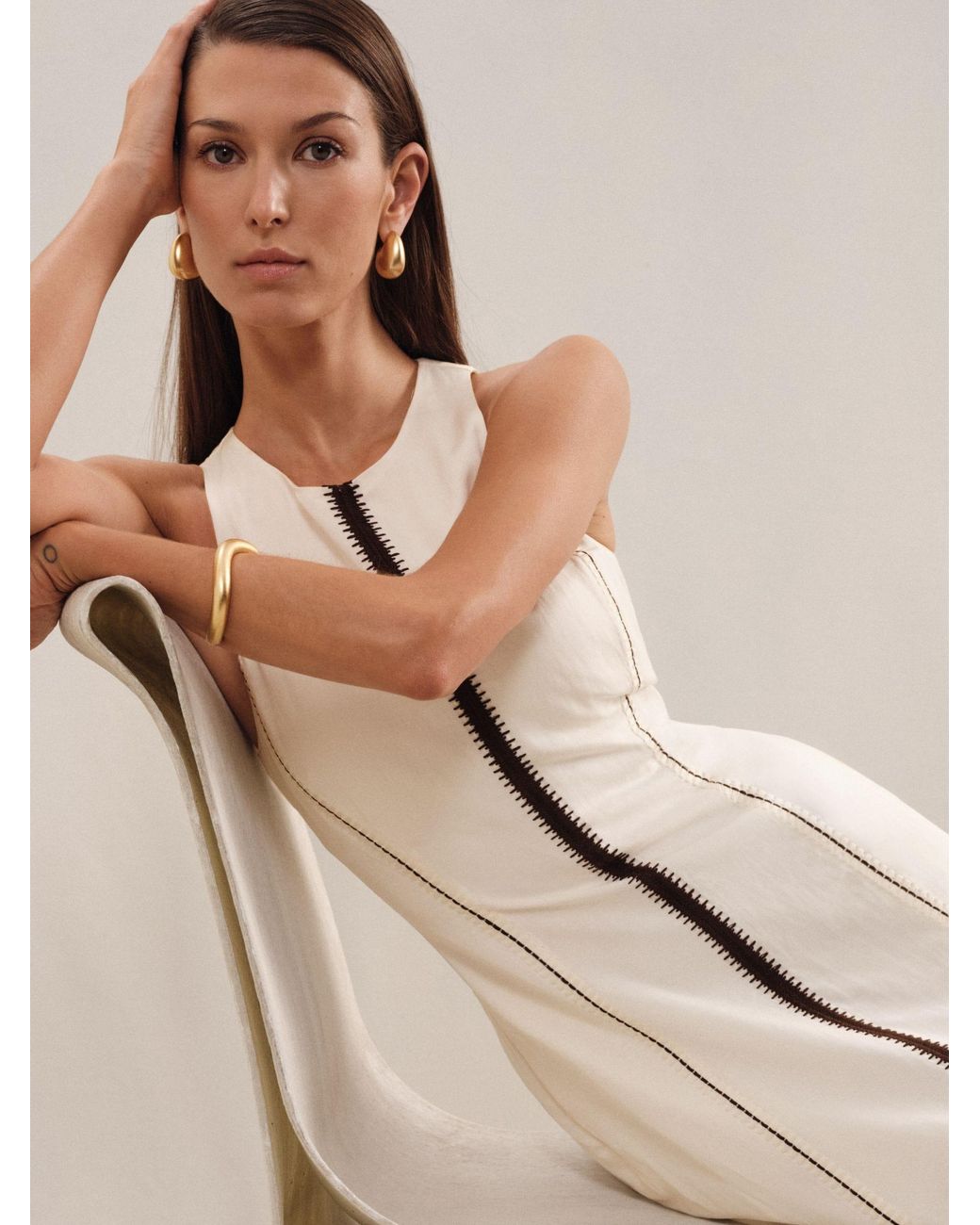 Reiss Natural Inaya - Ivory/black Craft-stitch Sleeveless Midi Dress, Us 4