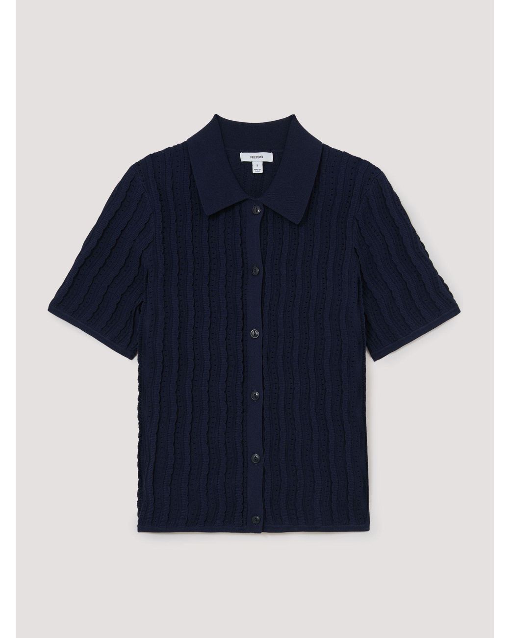 Reiss Blue Stitch-Detail Short-Sleeve Knitted Shirt