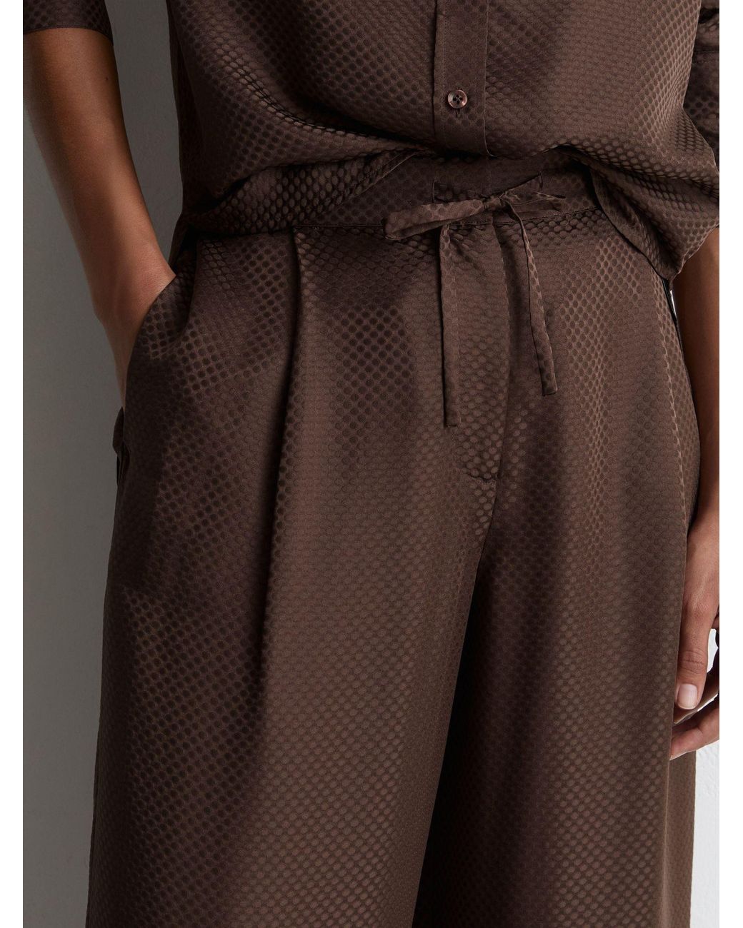 Reiss Aliana - Mocha Brown Silk Jacquard Wide-leg Trousers, Us 4 Regular