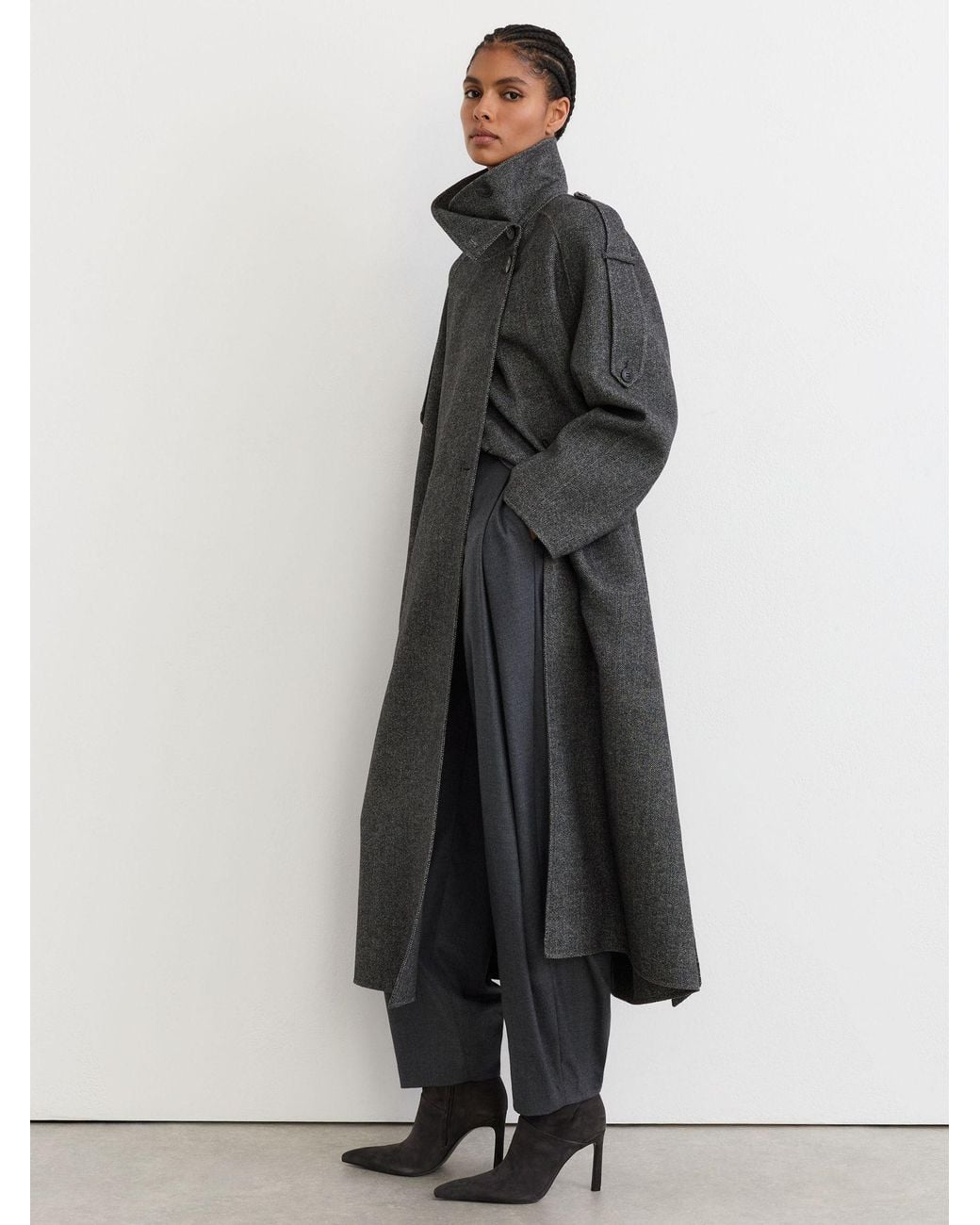 Reiss Gray Wool-Blend Herringbone Long Trench Coat
