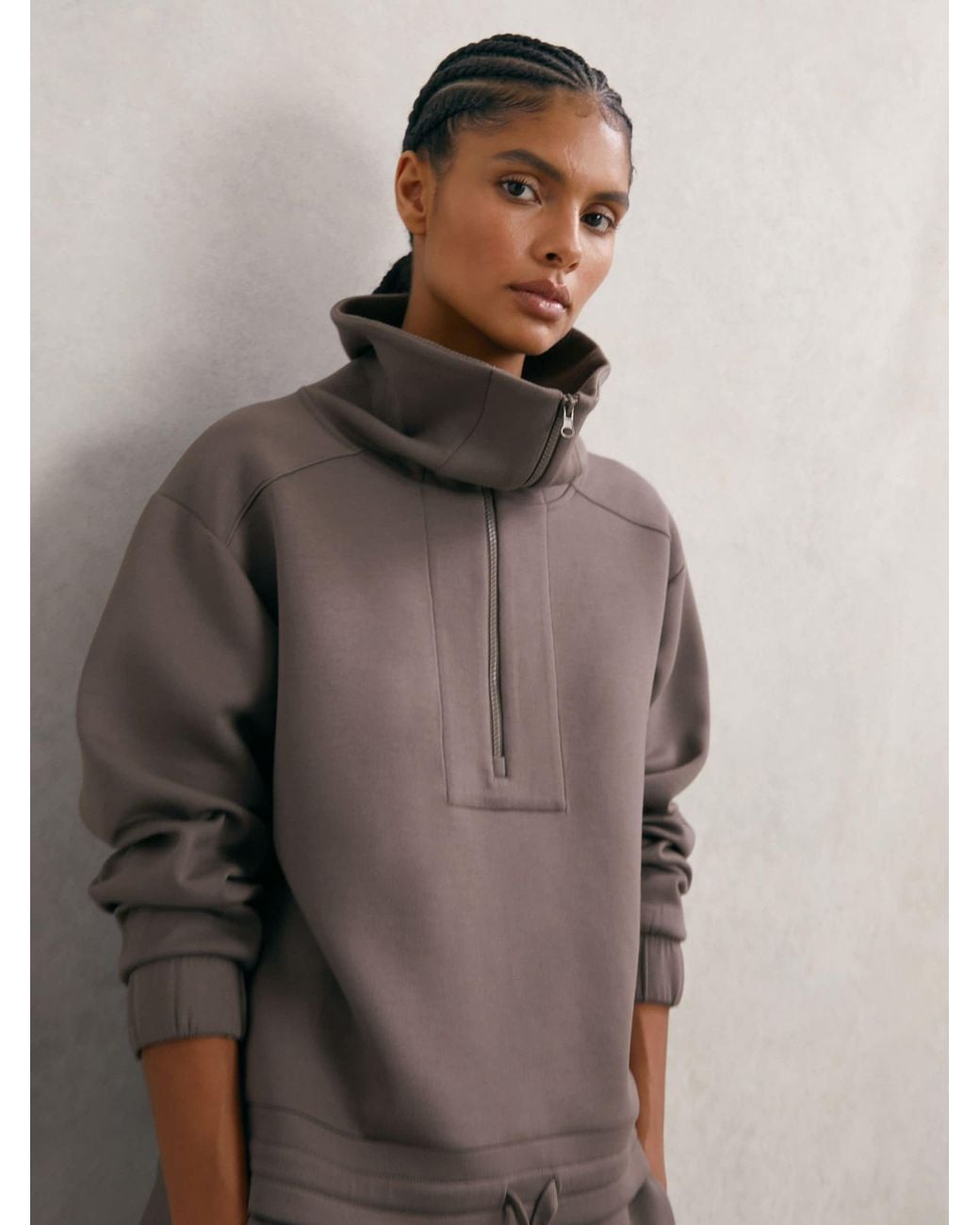 Reiss Laney - Taupe Brown Premium Interlock Half-zip Sweatshirt, Xs (us 2)