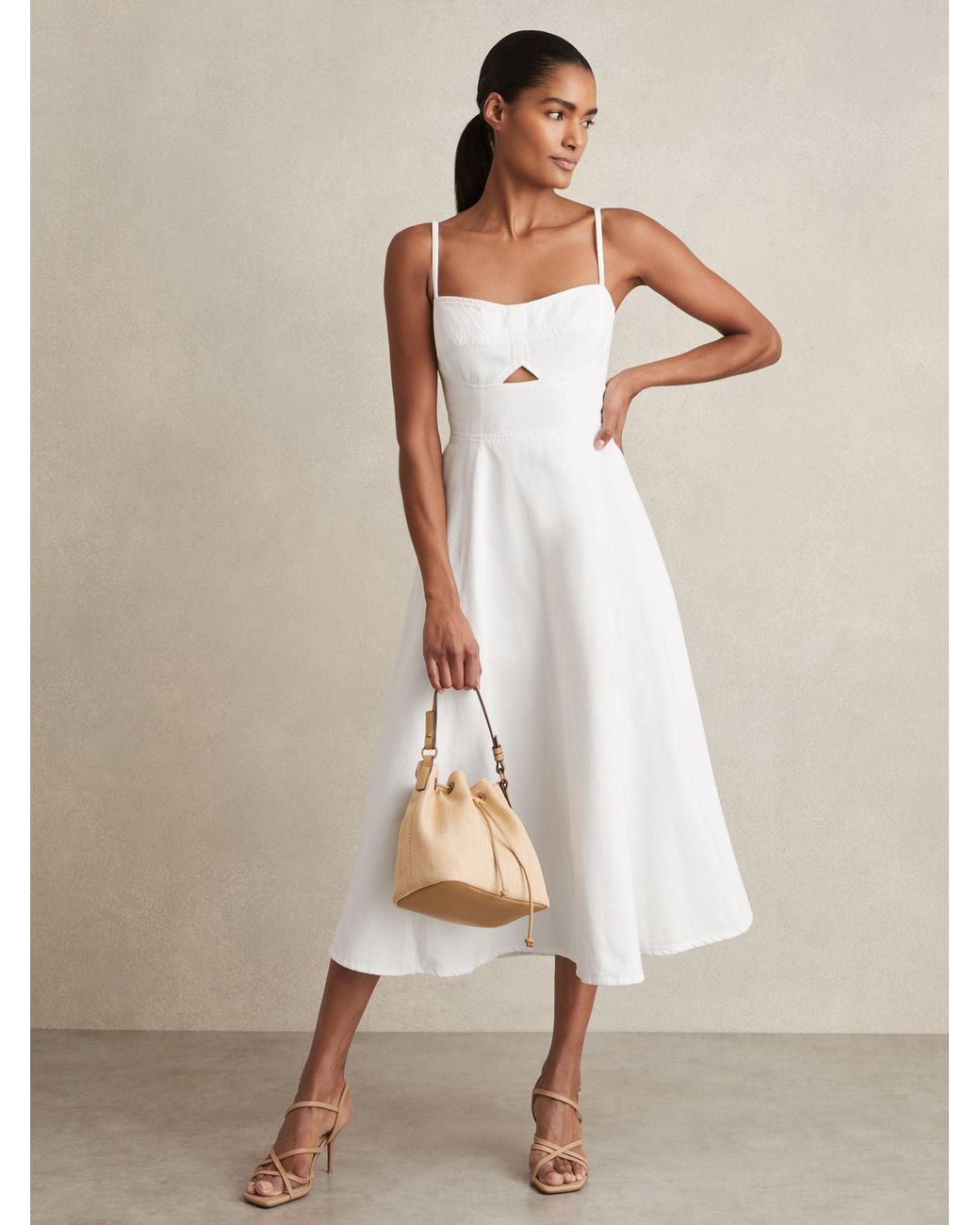 white midi denim dress Reiss Annie - Fit And Flare Dress, Us 14 in Natural Maiden Dress | Black Color:Pink/Orange Model is wearing a spaghetti strap denim dress with white shirt 4col:Wingtip