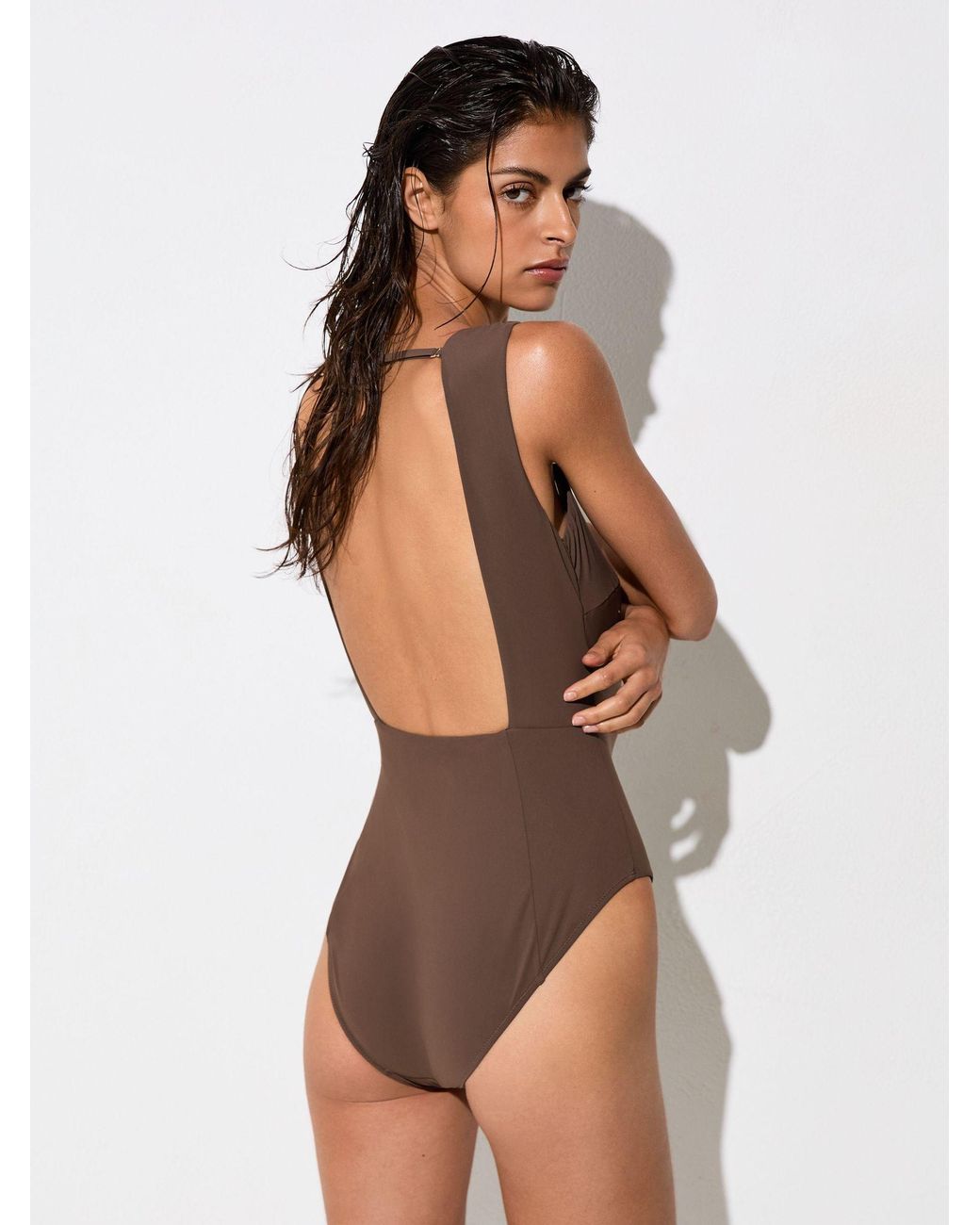 Reiss Brown Hardware-Detail Square-Neck Swimsuit