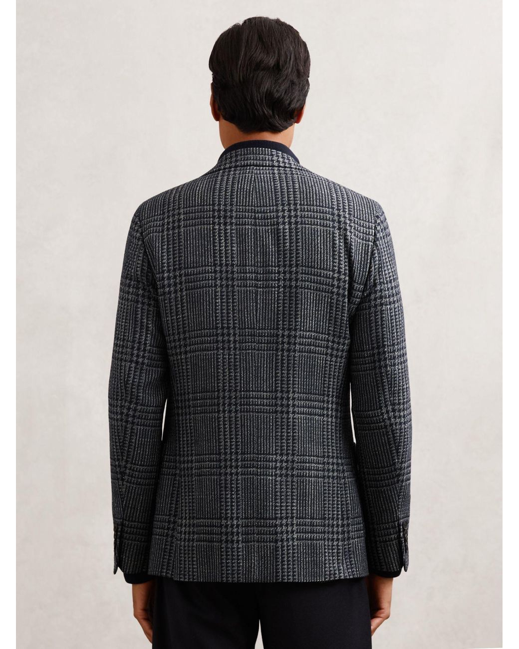 Reiss Blue Wool-Blend Check Single-Breasted Blazer Tailored-Fit for men