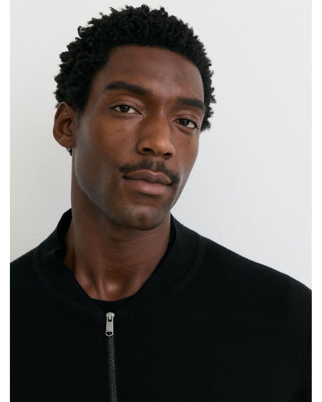 Reiss Black Merino Wool Textured Bomber Cardigan for men