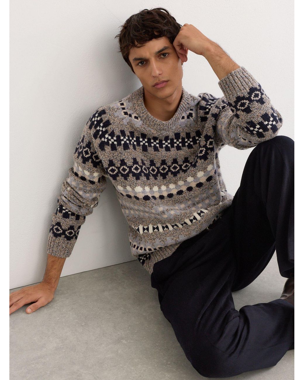 Reiss Gray Wool-Blend Tweed-Jacquard Crew-Neck Jumper for men