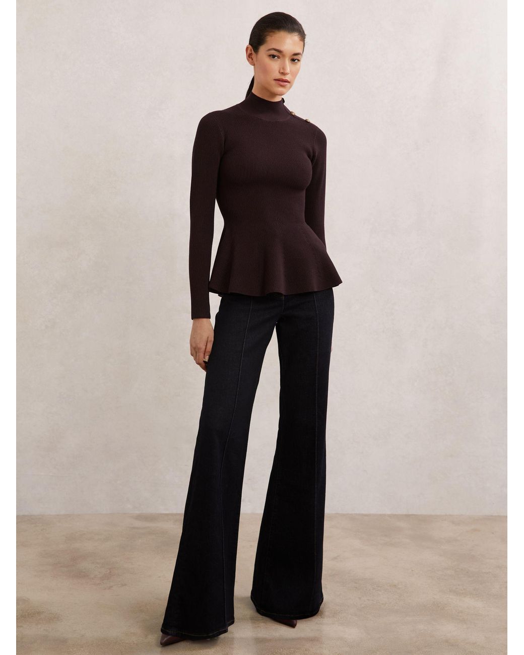 Reiss Blue Rib-Knit High-Neck Peplum Top
