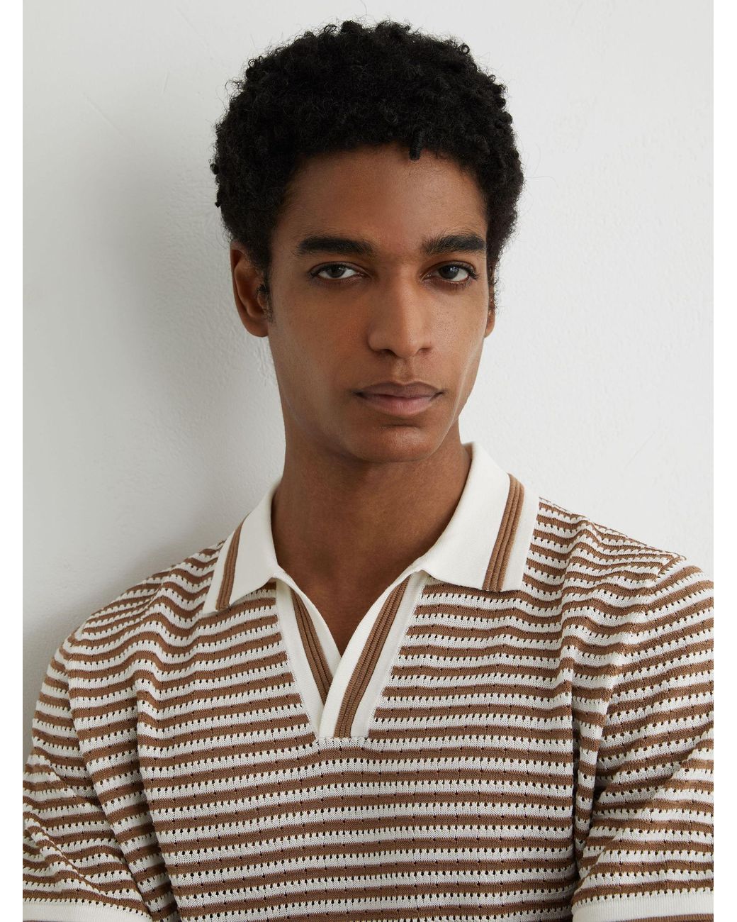 Reiss Gray Camel & Off Stripe Knit Open-Collar Polo Shirt With Linen for men